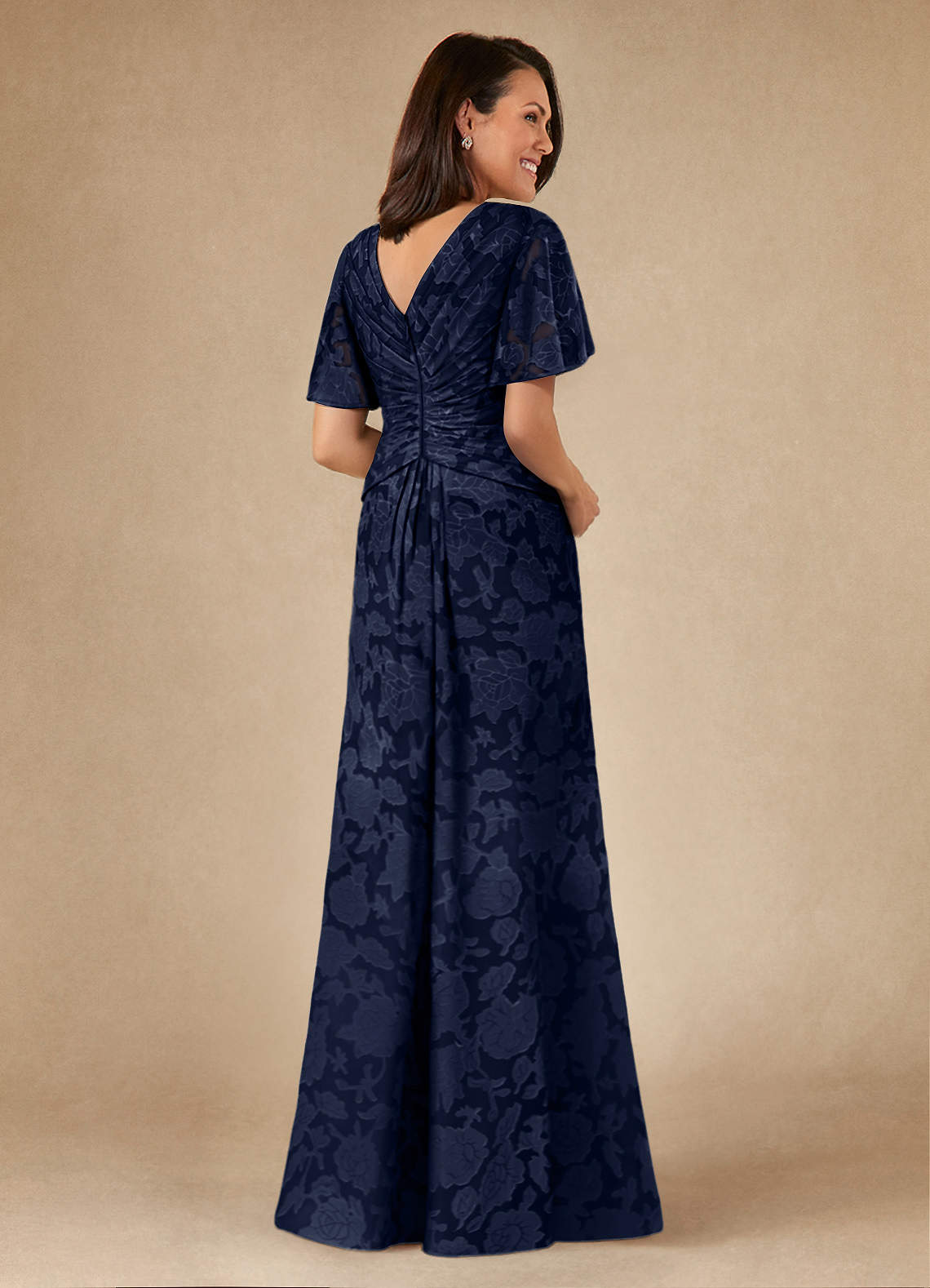 Azazie Emmeline Mother of the Bride Dresses Dark Navy A-Line Pleated Floral Burnout Dress image1