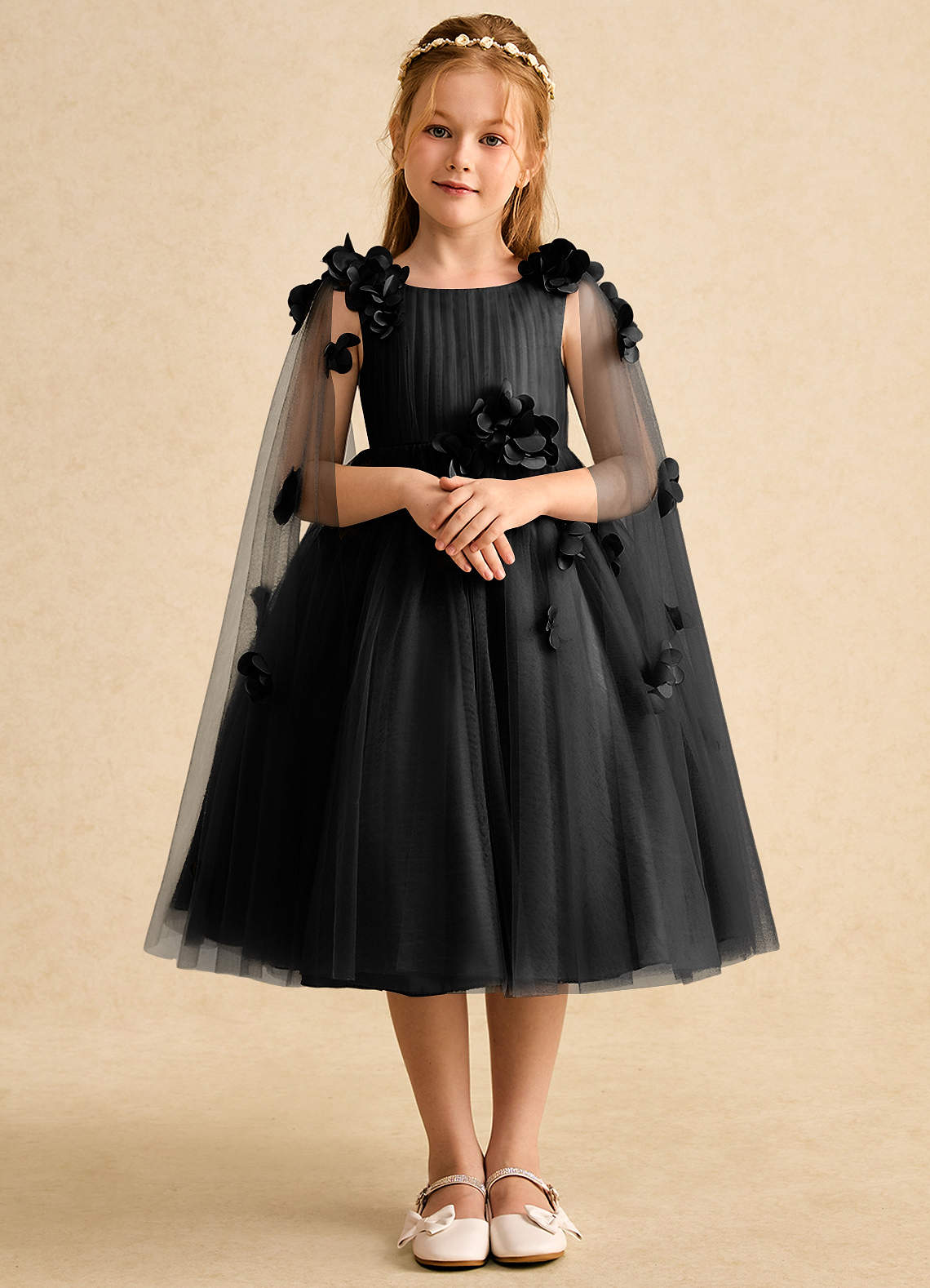 Azazie Staria Blumenmädchenkleider Ballkleid Gestreift Tüll Kleid Schwarz image1