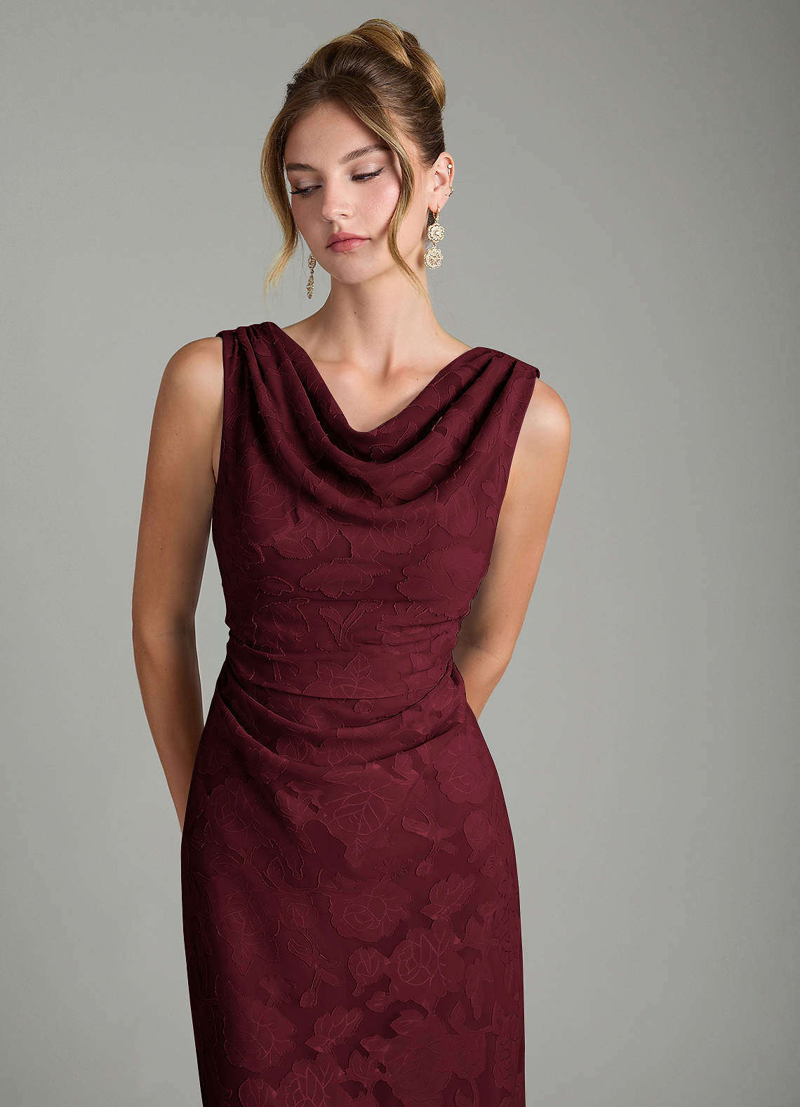 Azazie Kieryn Bridesmaid Dresses Cabernet Mermaid Pleated Floral Burnout Dress image10