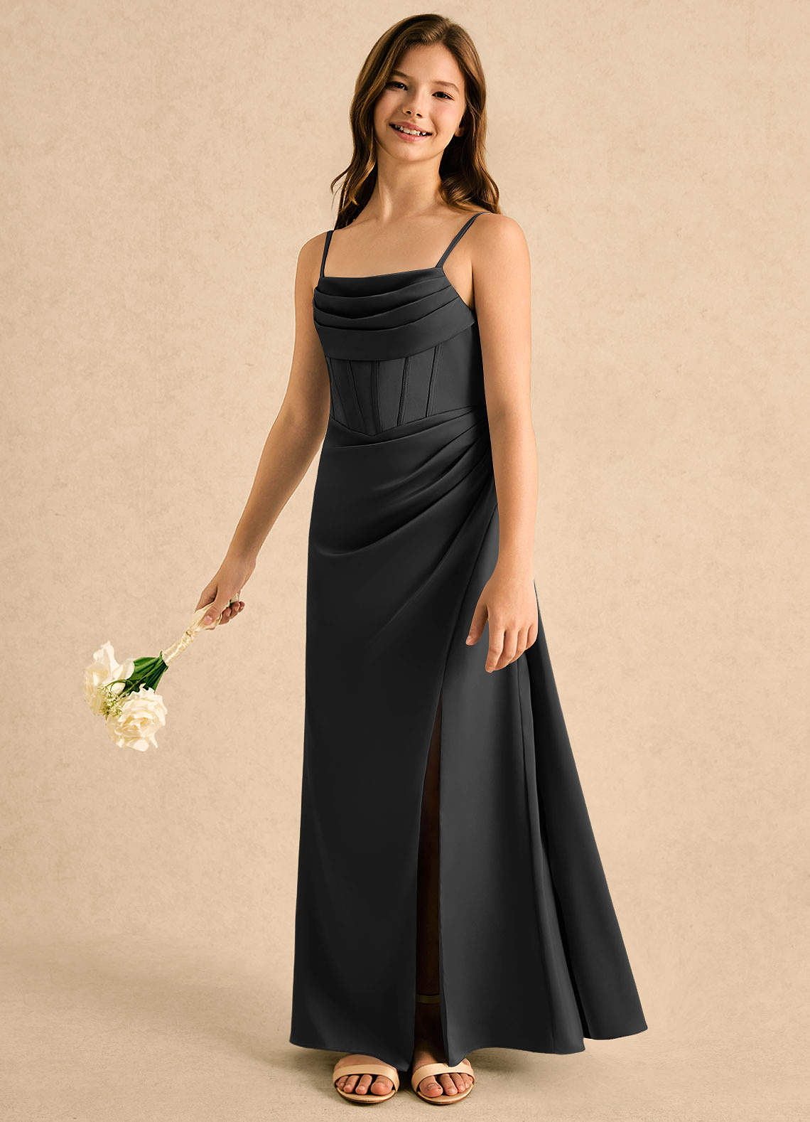 formal girls black dress Azazie Lexy Asymmetric Hem Draped Midi style_christmas Width:B (Narrow) quality materials