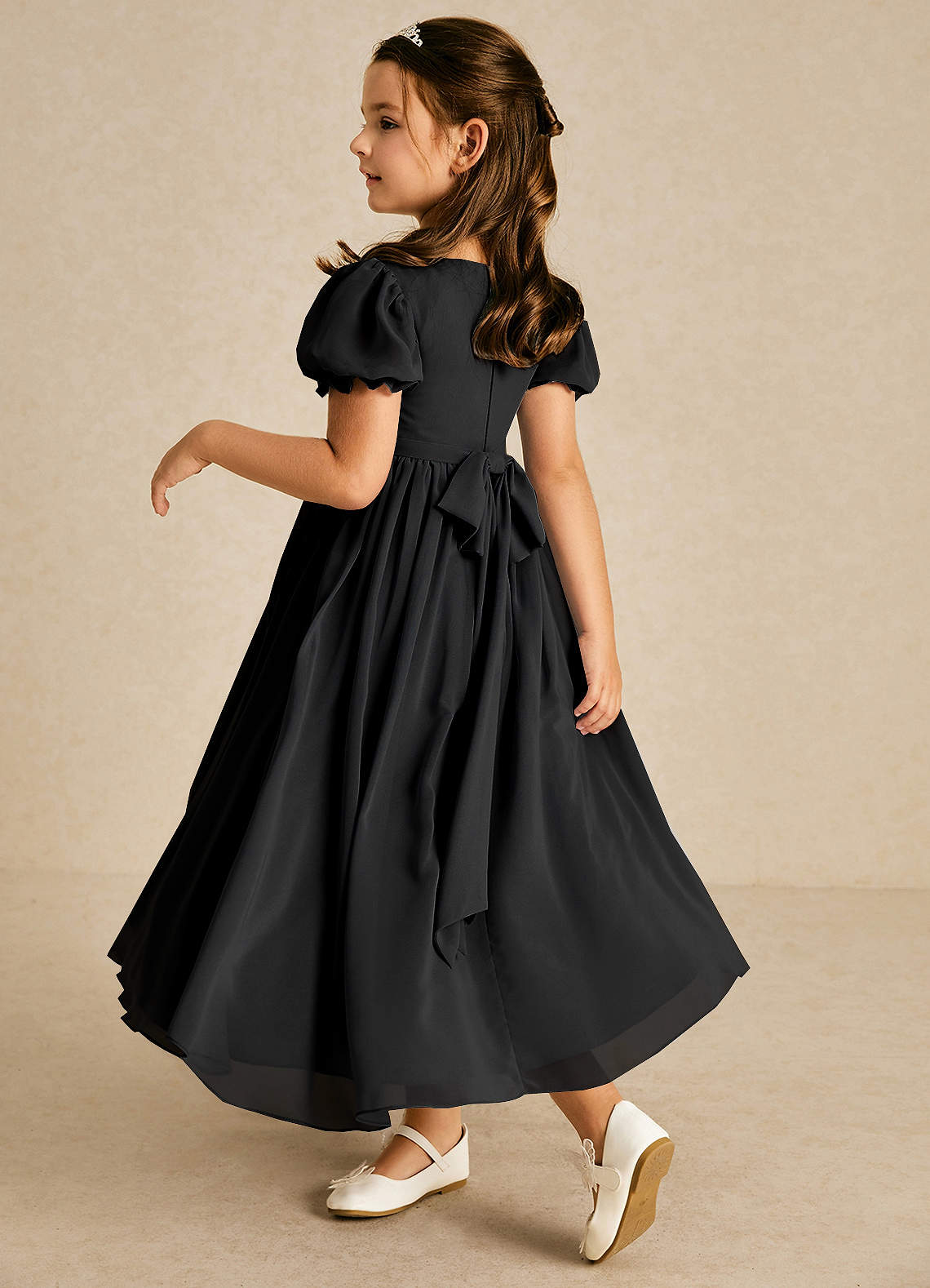 Azazie Joss Flower Girl Dresses Black A-Line with Sleeves Chiffon Dress image1