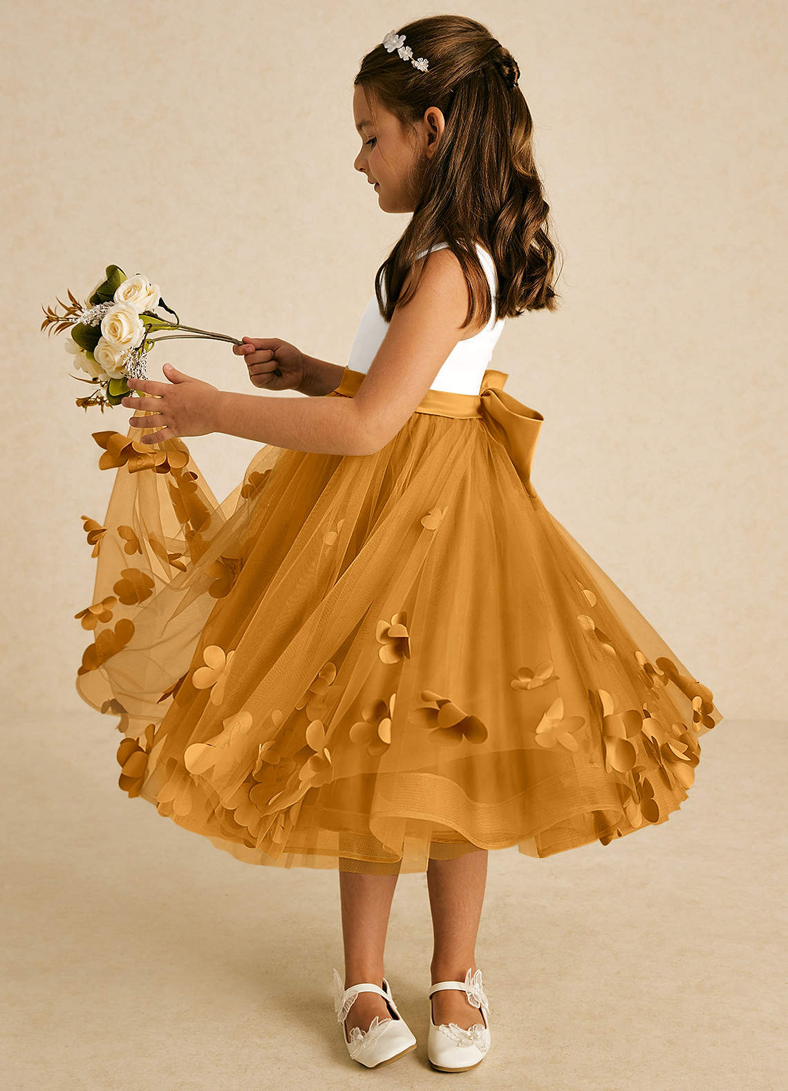 Azazie Sprout Flower Girl Dresses Butterscotch A-Line Bow Tulle Dress image3