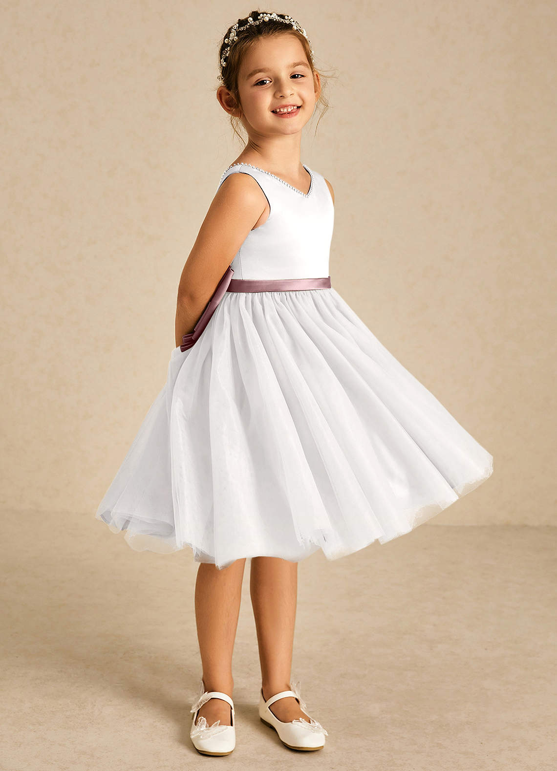 Azazie Seline Flower Girl Dresses Ivory Dusty Rose A-Line Bow Tulle Dress image4