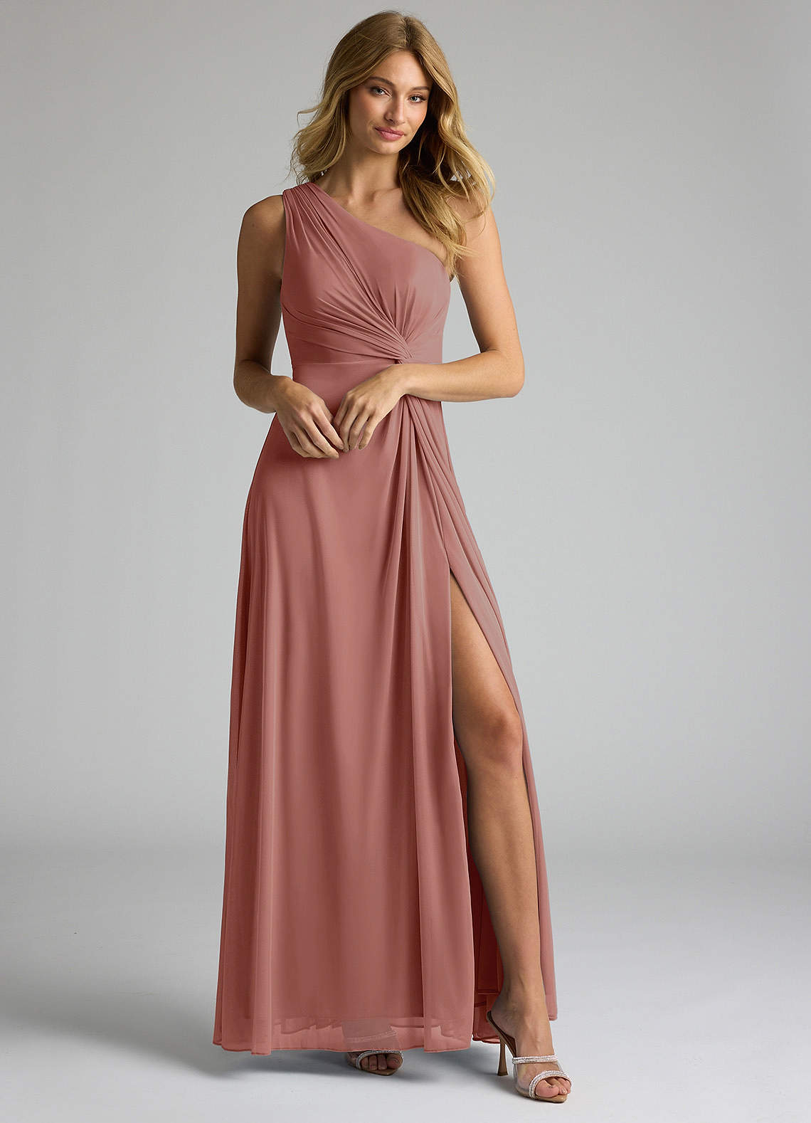 Azazie Brooke Bridesmaid Dresses Cedar Rose A-Line One Shoulder Mesh Dress image1