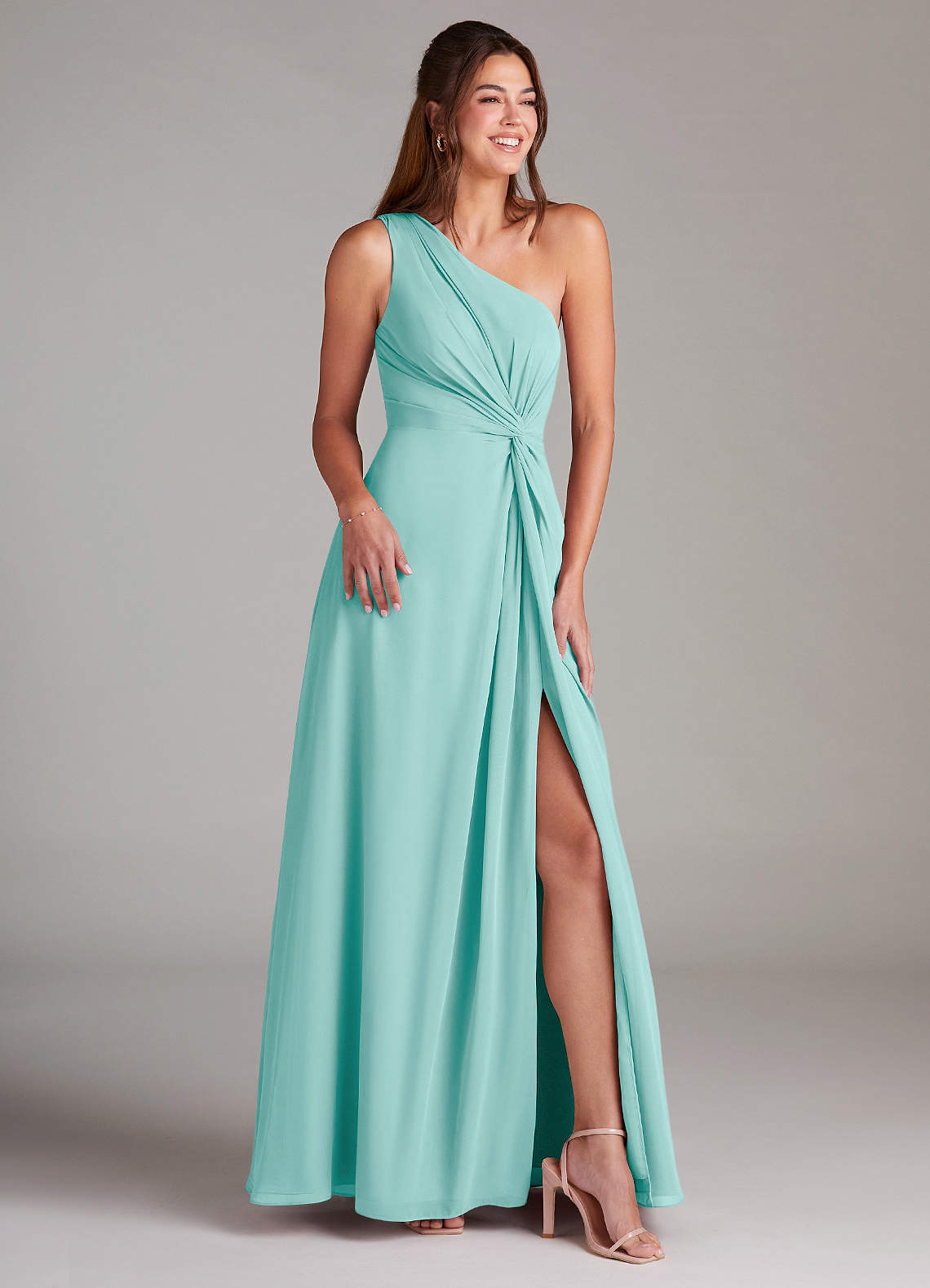 Azazie Brooke Bridesmaid Dresses Aqua A-Line One Shoulder Chiffon Dress image3