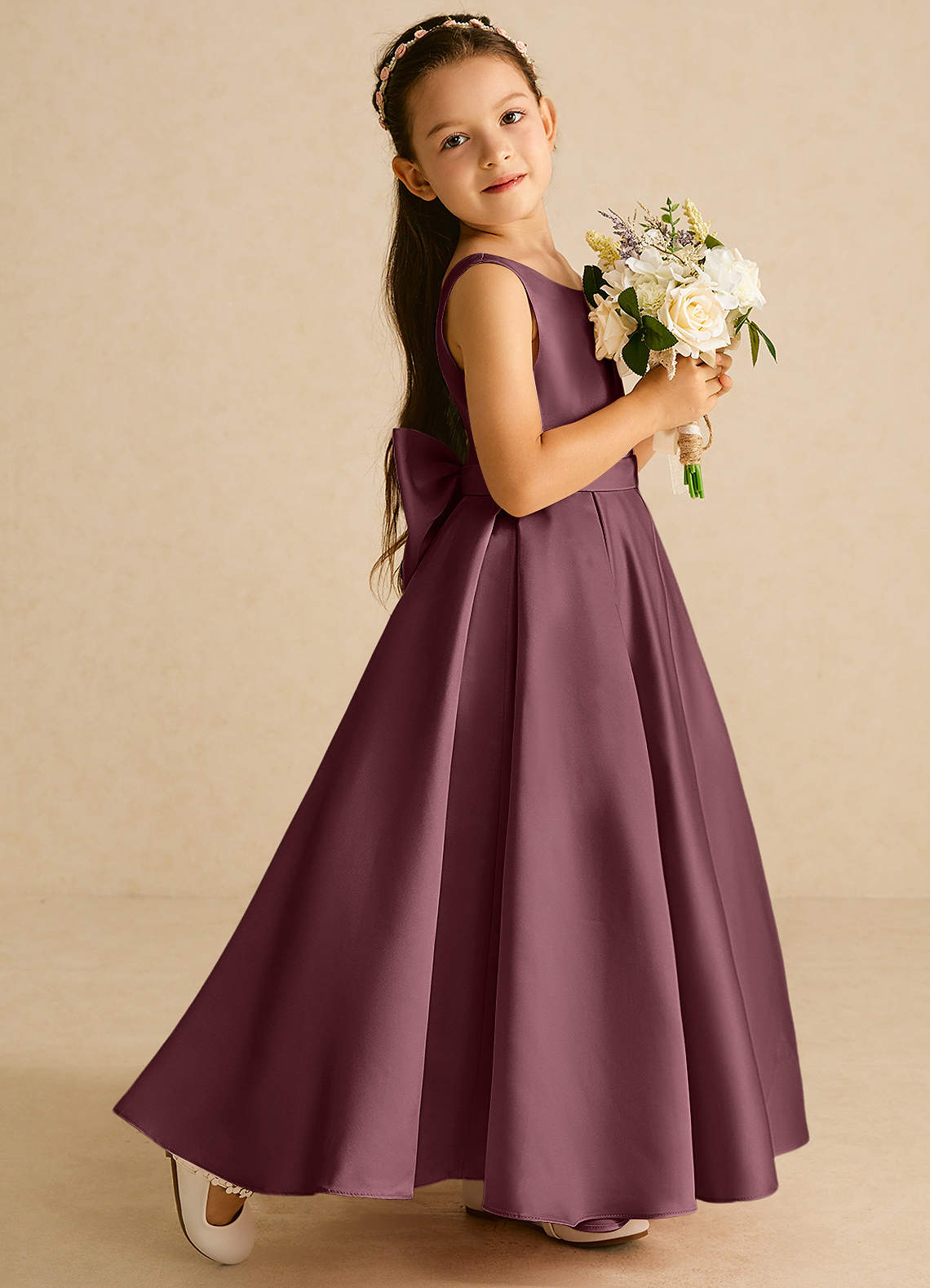 Azazie Pipsy Flower Girl Dresses Sangria A-Line Bow Matte Satin Dress image2