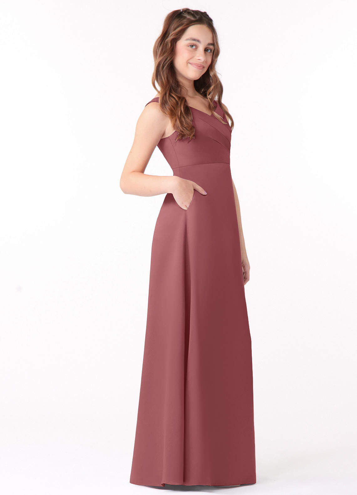 Azazie Sadia Junior Vestido de Bermuda de Satin Mate de Corte en A con Plisado image1