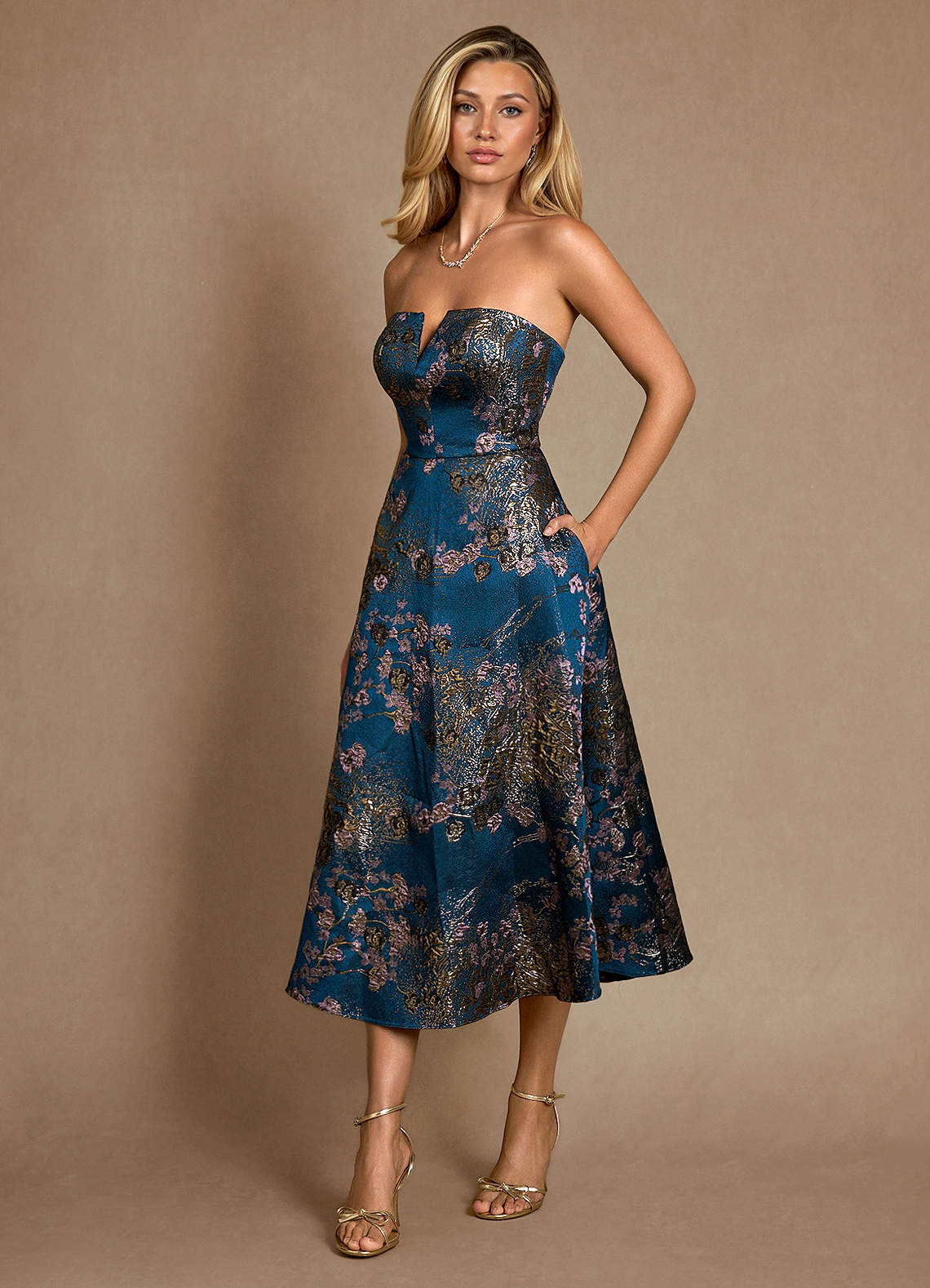 Azazie Charley Mother of the Bride Dresses Teal Floral A-Line Pleated Brocade Dress image1
