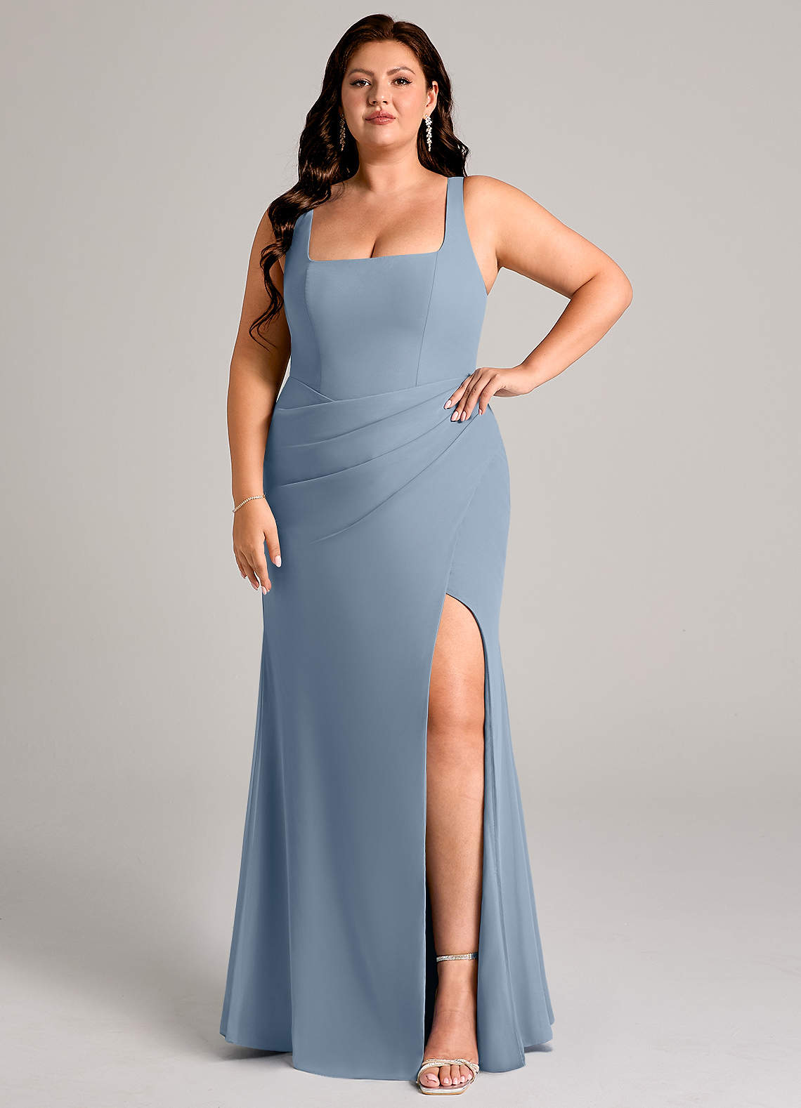 Azazie Mero Bridesmaid Dresses Dusty Blue Sheath Pleated Chiffon Dress image1