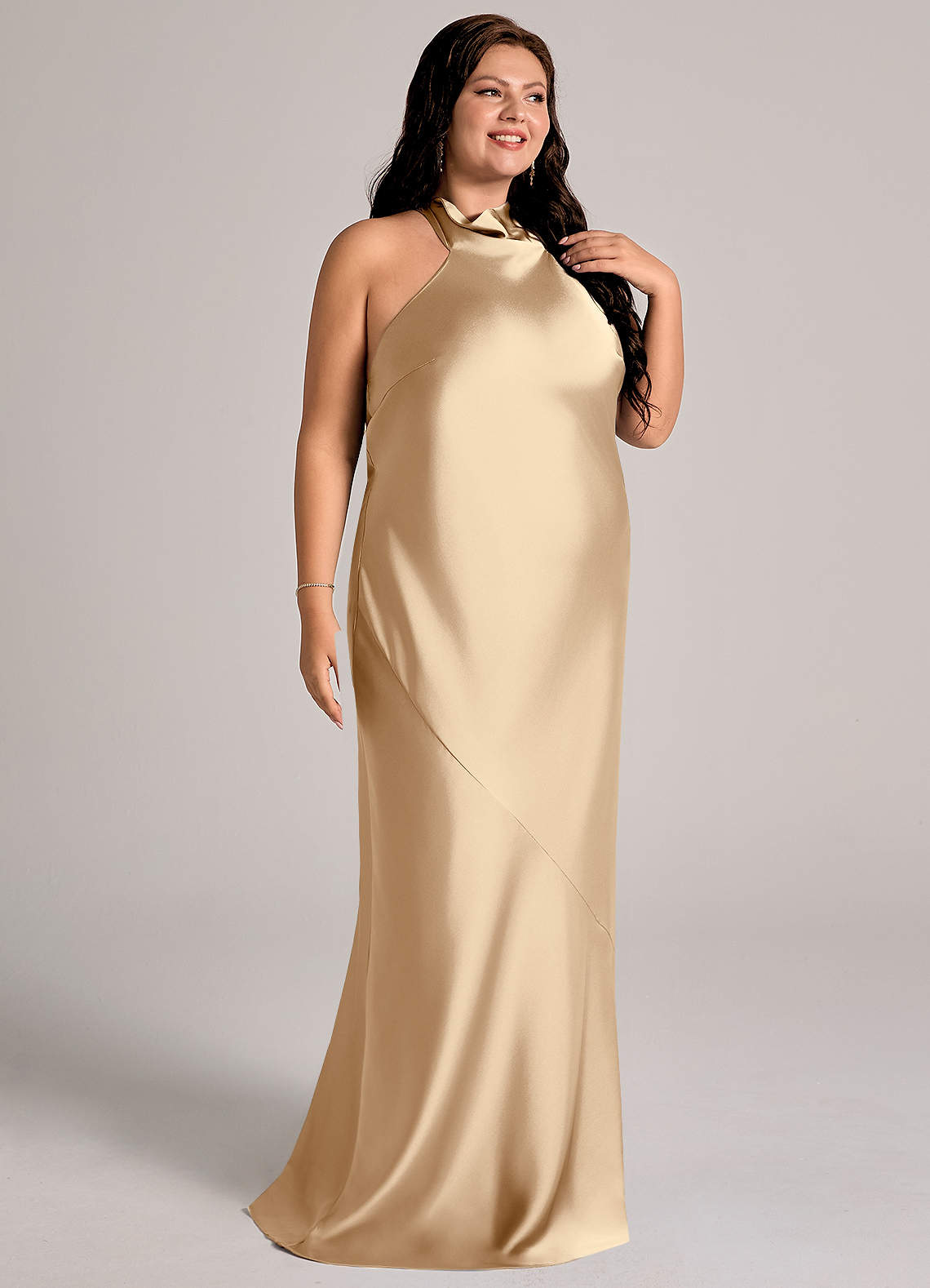 Azazie Velli Bridesmaid Dresses Champagne Mermaid High Neck Stretch Satin Dress image11