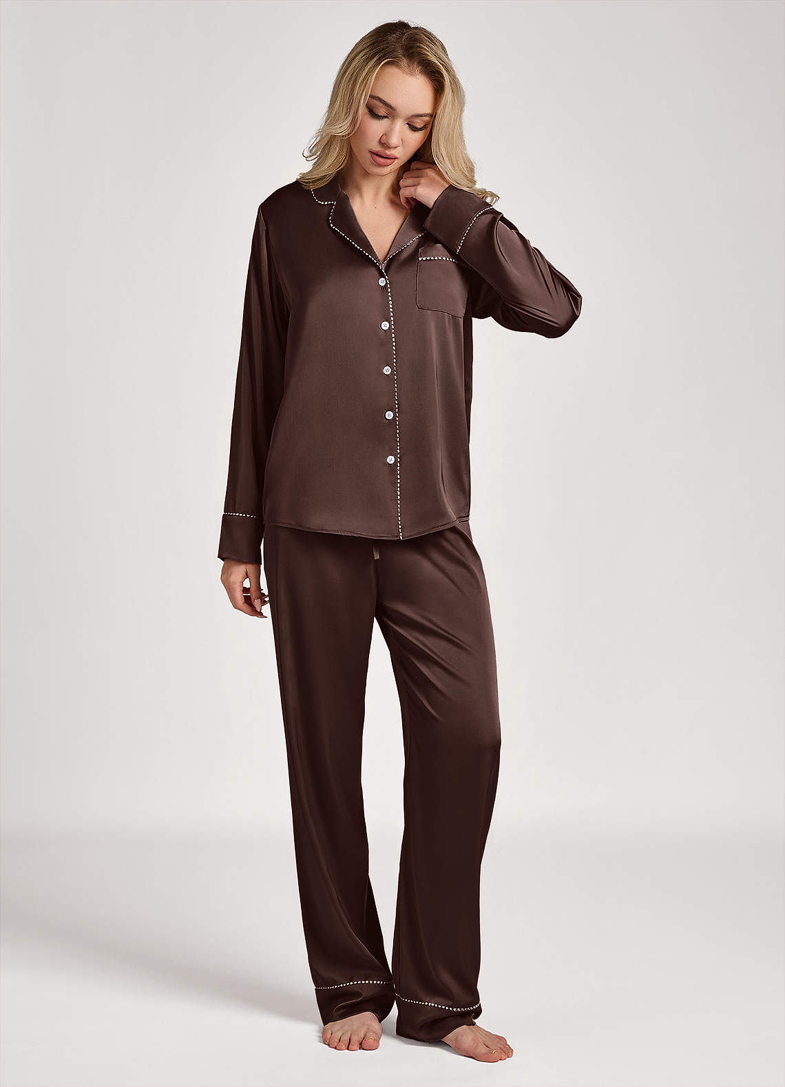 front Conjunto de pijama de manga comprida com acabamento em cetim lurex