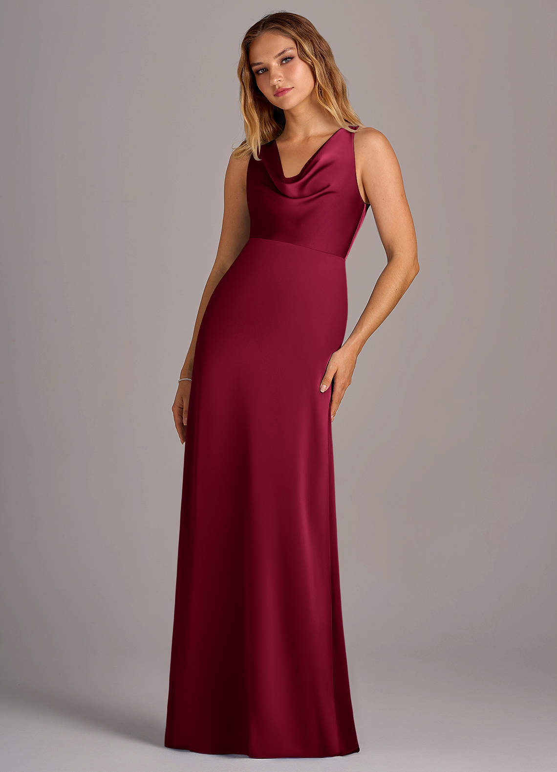 azazie maroon stretch satin dress Azazie Wrenlee