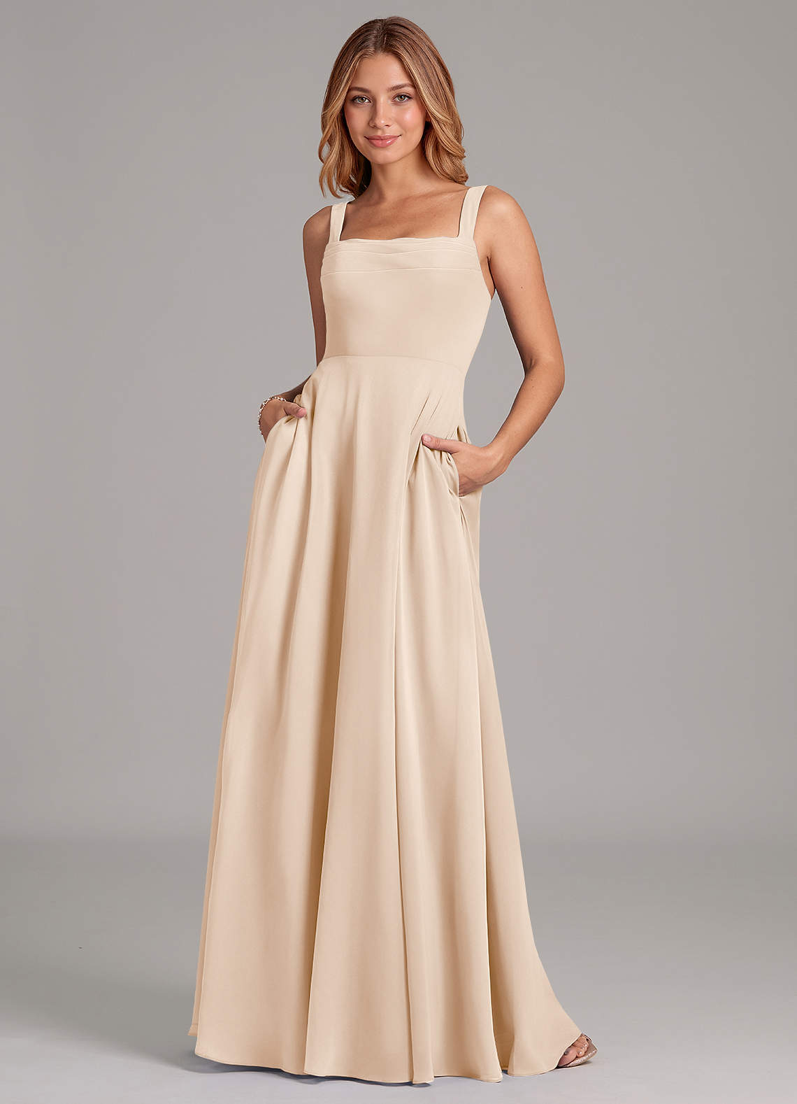 Azazie Shaude Jurken voor bruidsmeisjes Jurk van Chiffon met A-Lijn Geplooid Wit Albast image1