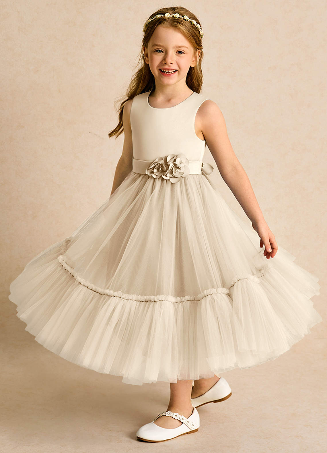 Azazie Miracle Flower Girl Dresses Champagne A-Line Bow Matte Satin Dress image3
