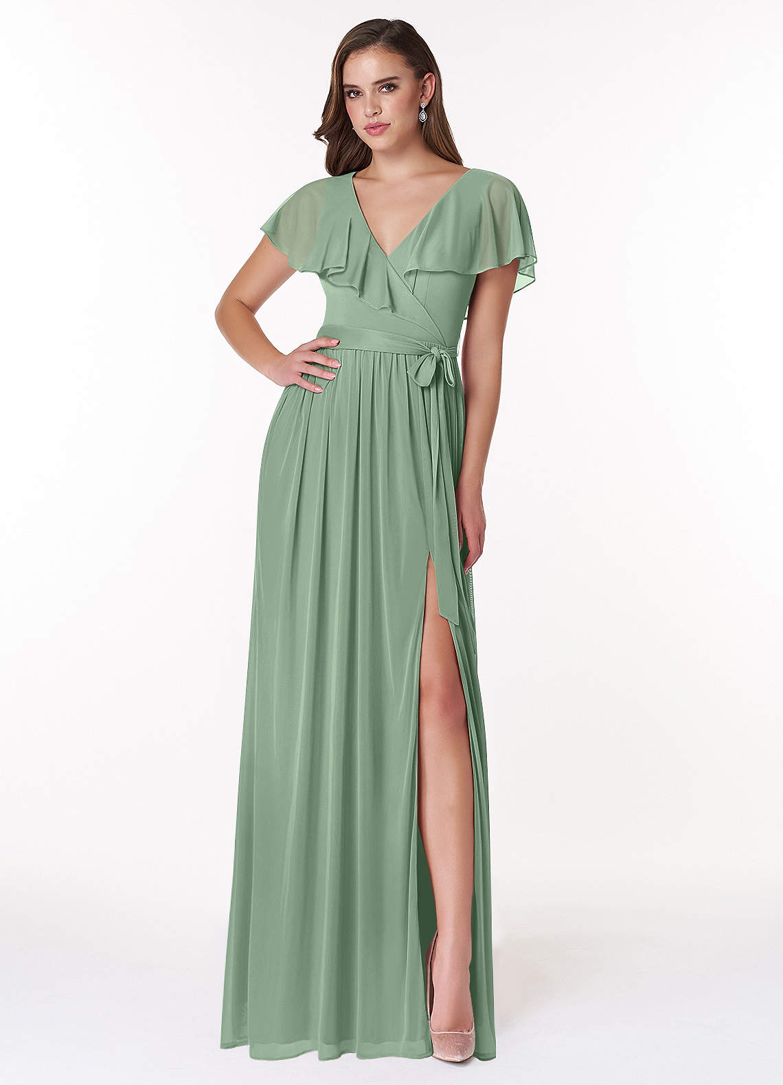 Azazie Jael Bridesmaid Dresses Matcha A-Line V-Neck Mesh Dress image1