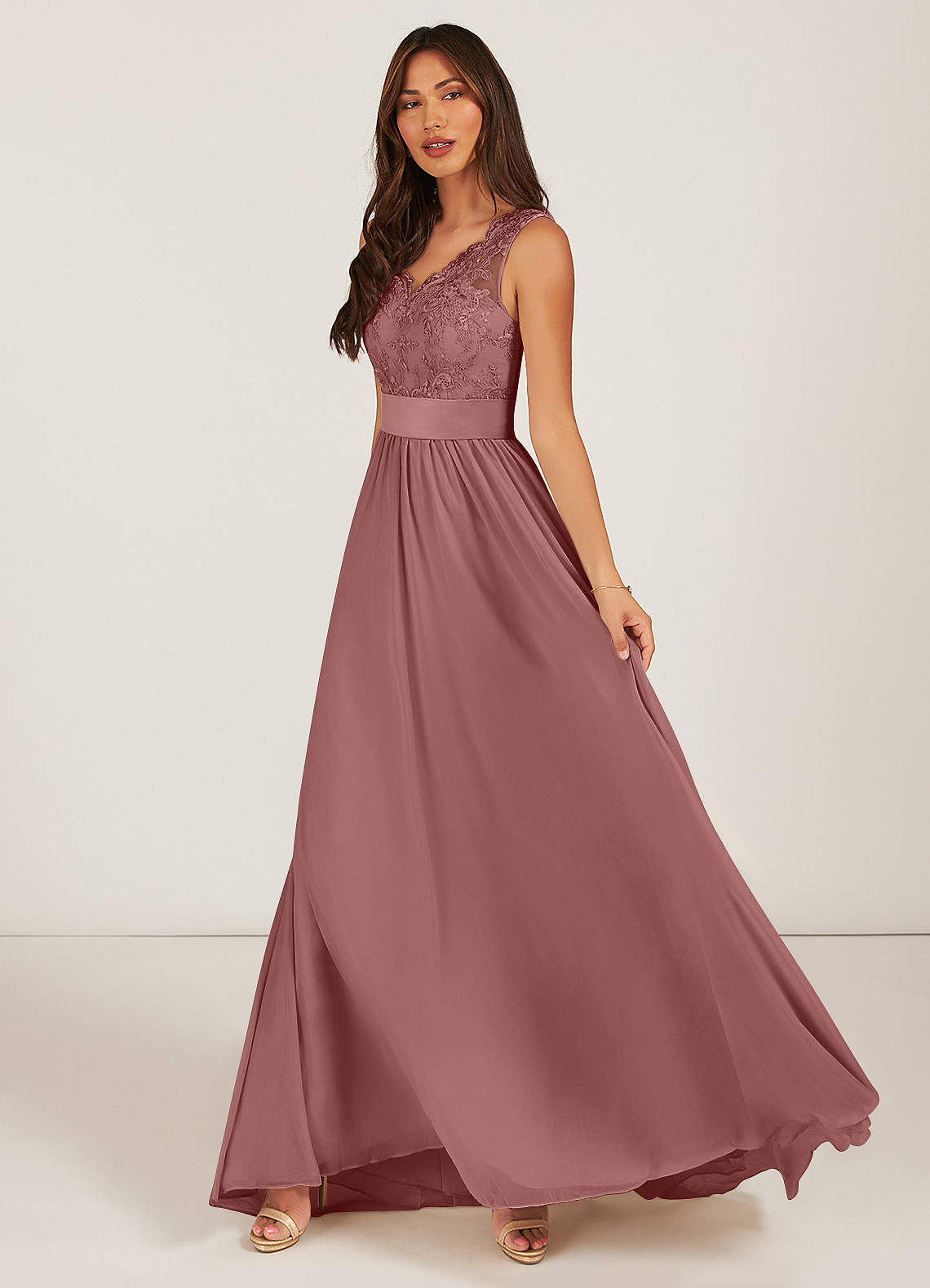 Azazie Gertrude Brudepigekjoler En streg Blonder Chiffon Sweep Train Kjole image2