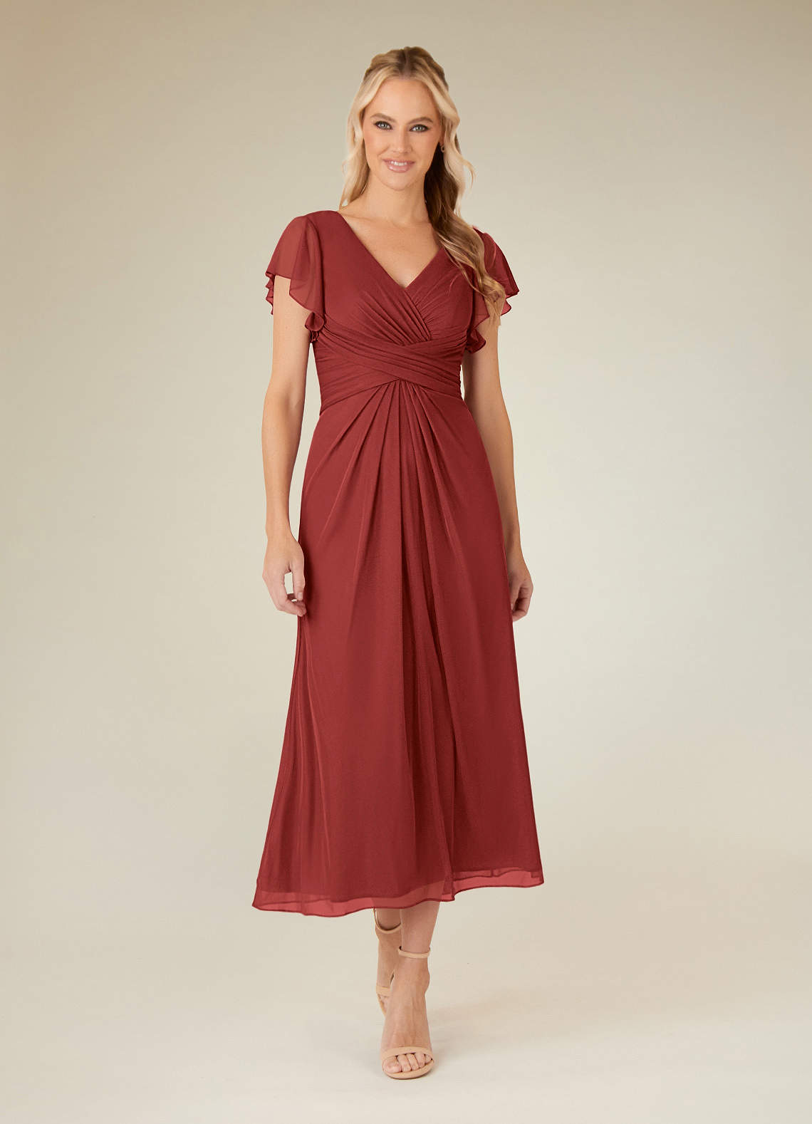 Azazie Vera Mother of the Bride Dresses Rust A-Line V-Neck Pleated Mesh Dress image1