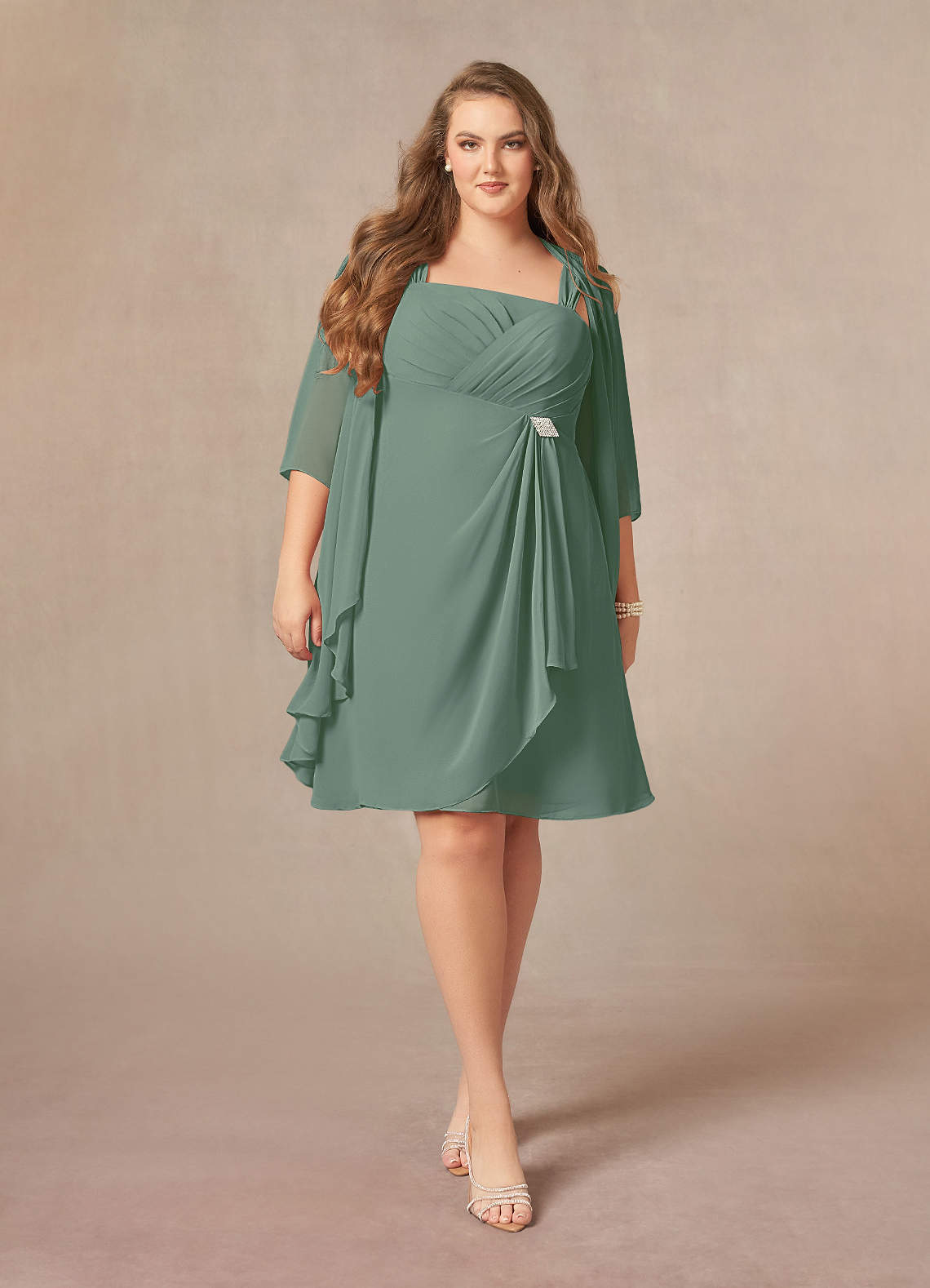 Azazie Olivia Mother of the Bride Dresses Eucalyptus A-Line Square Neckline Pleated Chiffon Dress image6