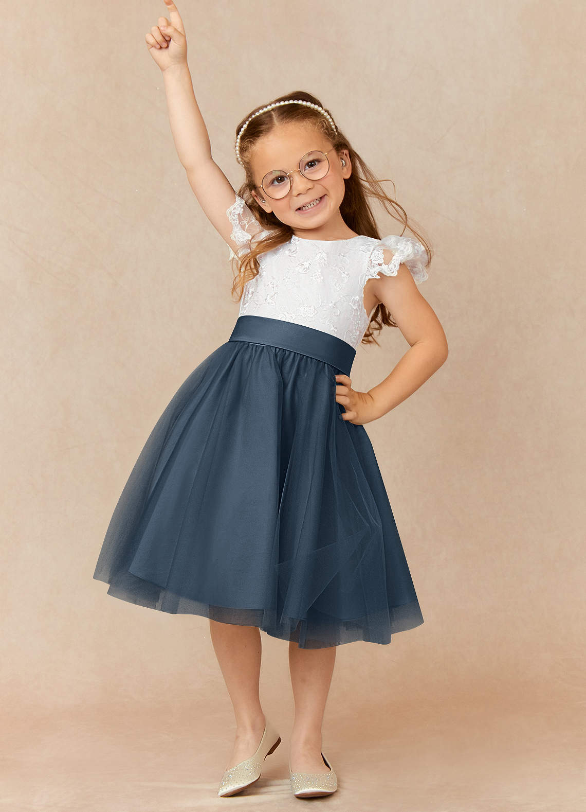 Azazie Vetty vestidos de niña de las flores Vestido de Marfil Azul Petróleo de Tul de Corte En A con Encaje image1