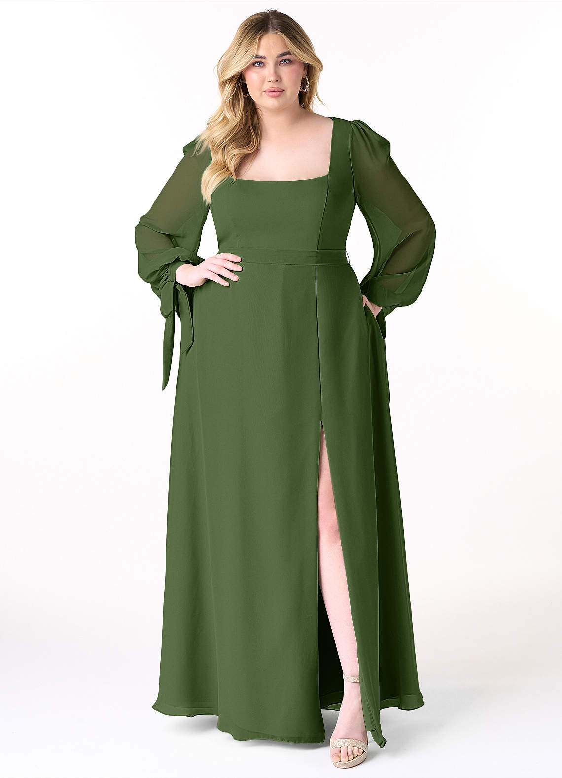 Azazie Leonia Bridesmaid Dresses Olive A-Line Long Sleeve Chiffon Dress image10