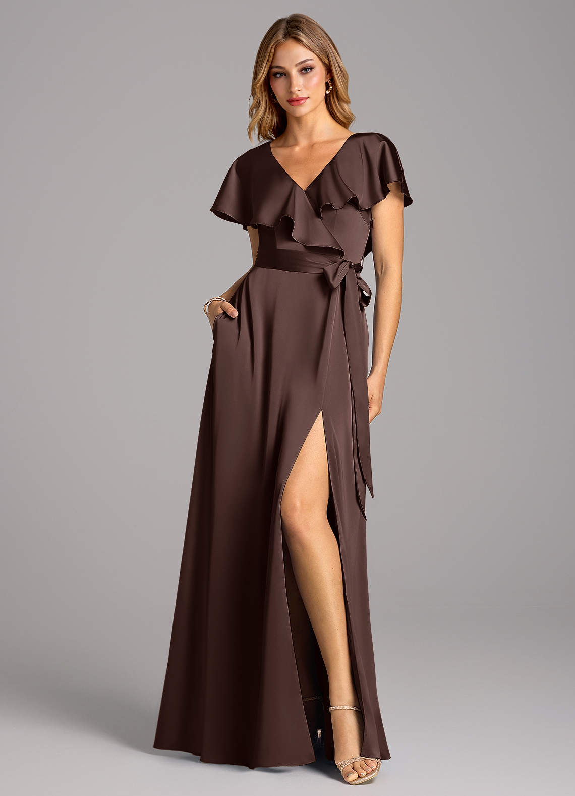 Azazie Lainey Klänningar att prova hemma Klä av A-Linje i Stretch Satin med fickor Eukalyptus image2