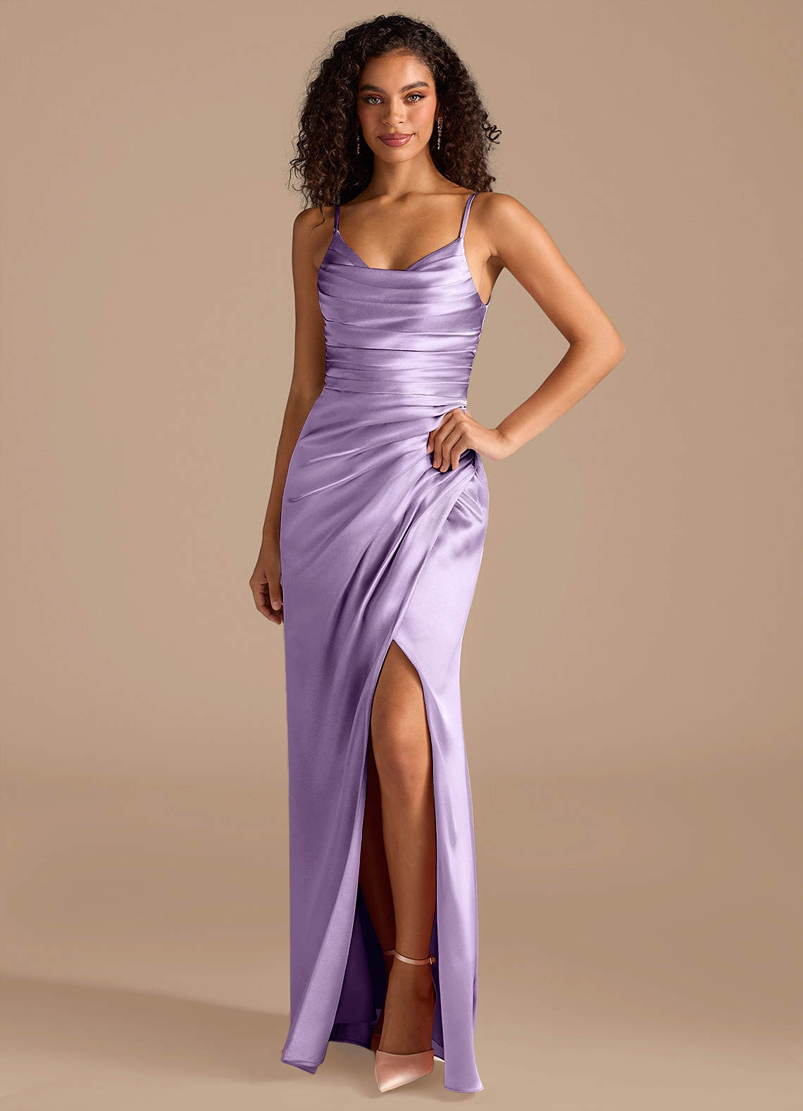 Azazie Deandra Bridesmaid Dresses Lilac Mermaid Pleated Metallic Satin Dress image1