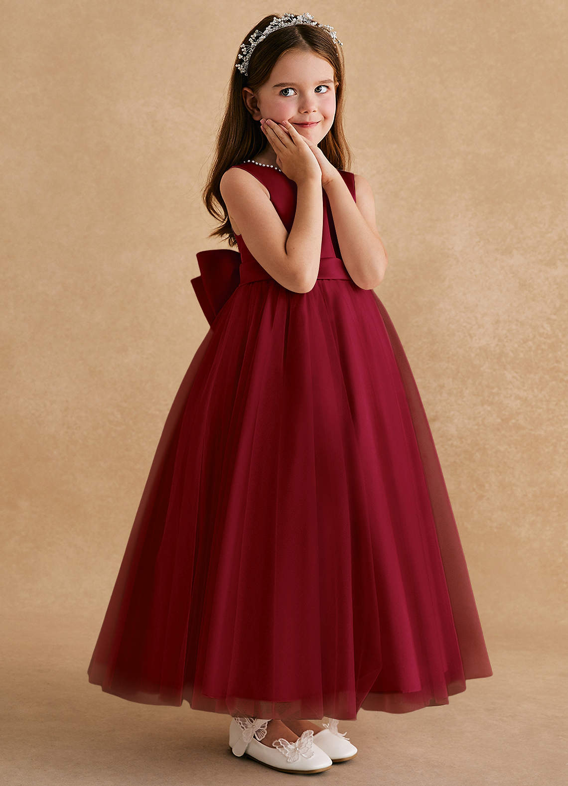 Azazie Cookie Flower Girl Dresses Burgundy A-Line Bow Tulle Dress image2