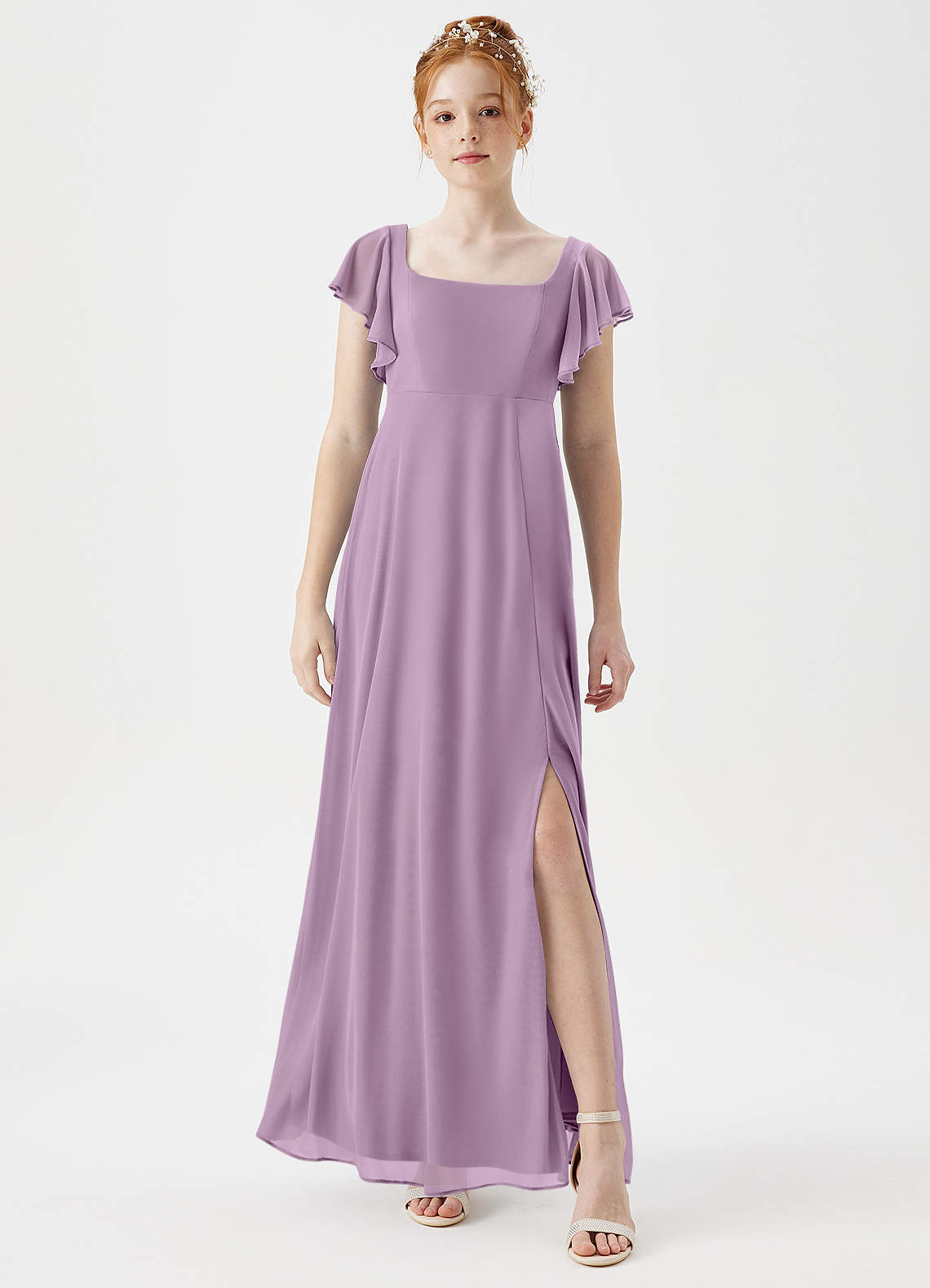 Azazie Bondi Junior A-Linie Seitliche Cut-Outs Gittergewebe Kleid Blauregen image1