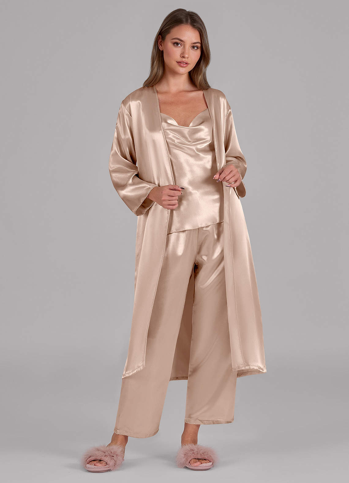 front Satin Long Sleeves 3-Piece Loungewear Set