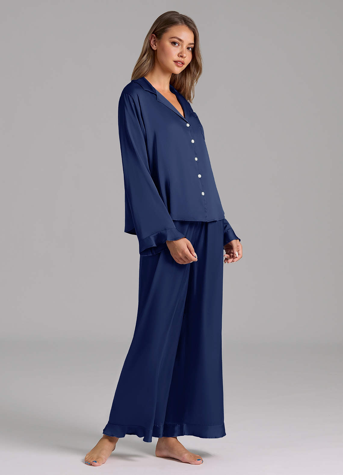 front Matching Color Ruffled Satin Long Sleeve Pajama Set