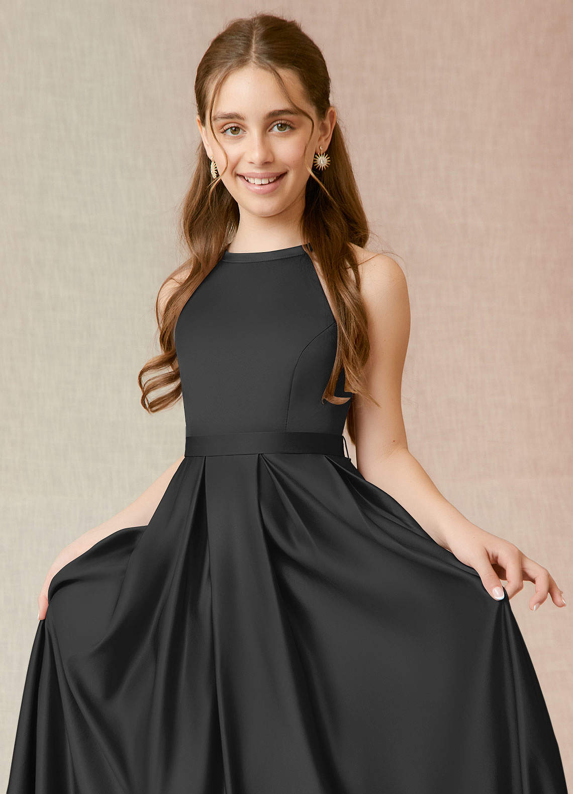 Azazie Arianthe Junior Black A-Line with Pockets Stretch Satin Dress image4