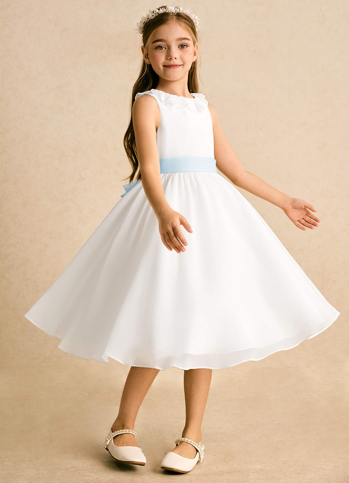 Azazie Dani Blumenmädchenkleider A-Linie Schleifen Chiffon Kleid Elfenbein Himmelblau image4