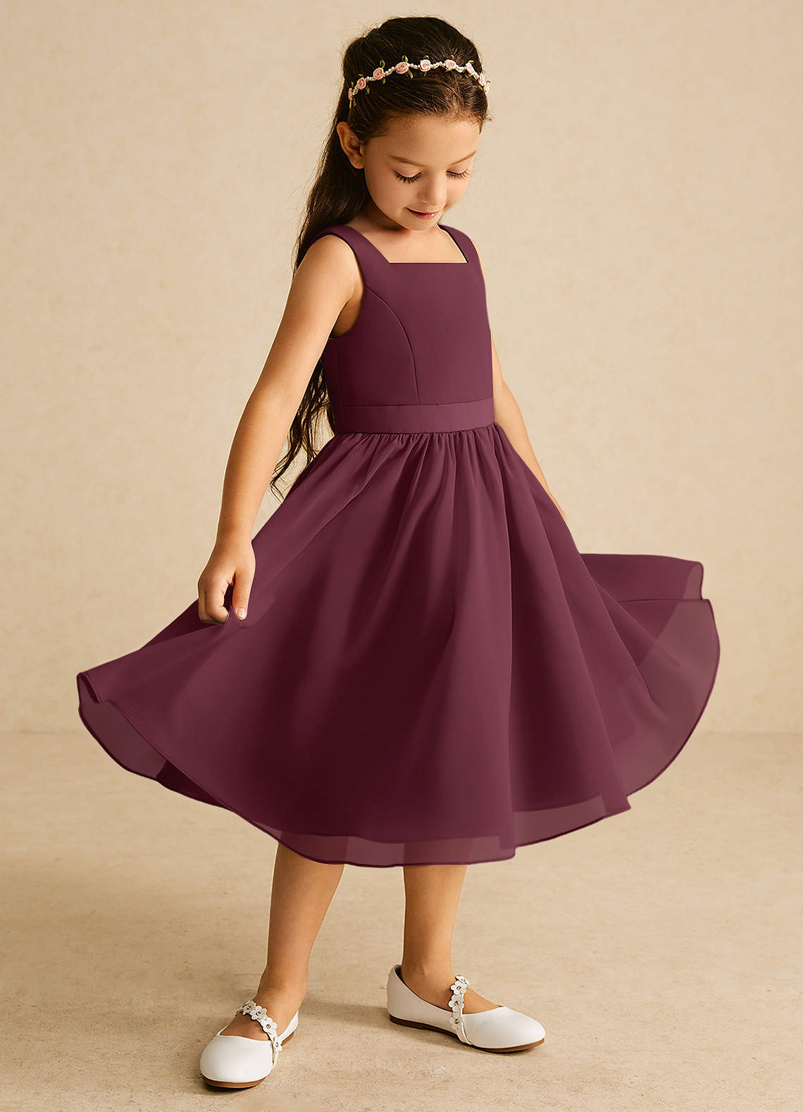 Azazie Ari Abiti da Ragazza di Fiori Abito A-Line in Chiffon Senza Maniche Cabernet image1