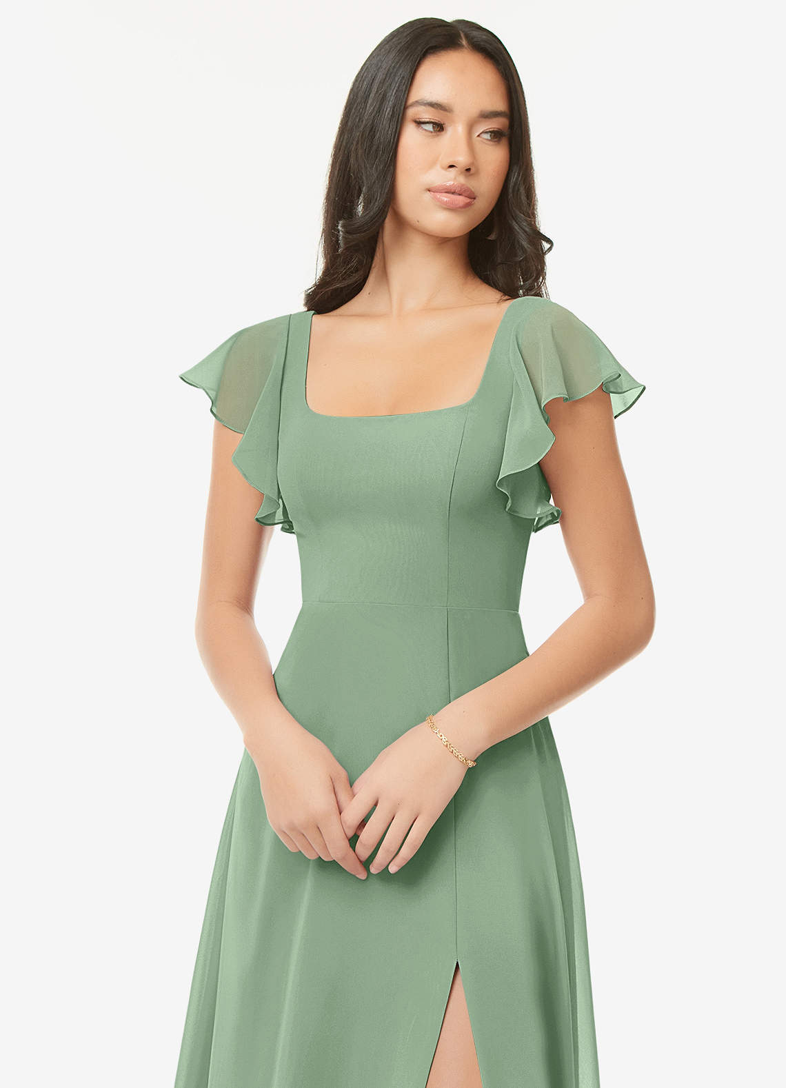 Azazie Bondi Bridesmaid Dresses Matcha A-Line Ruffled Chiffon Dress image5