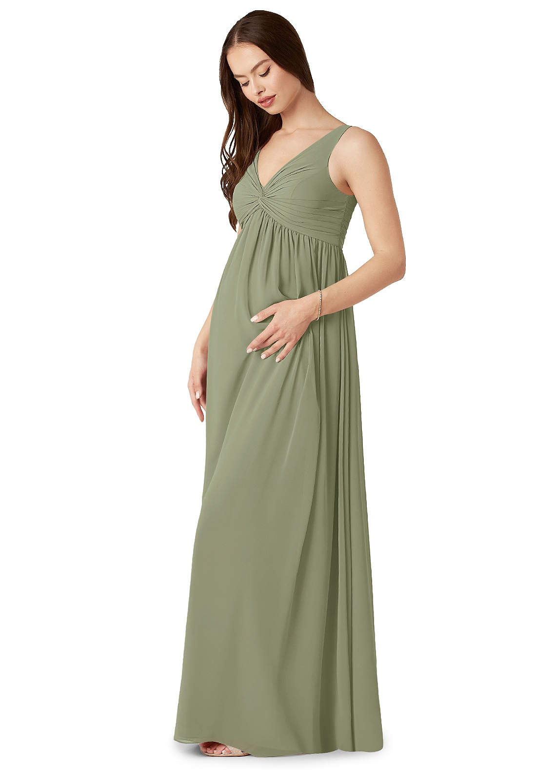 Azazie Yetta Kleider zum Anprobieren zu Hause A-Linie V-Hals Versammelt Chiffon Bodenlänge Kleid image3