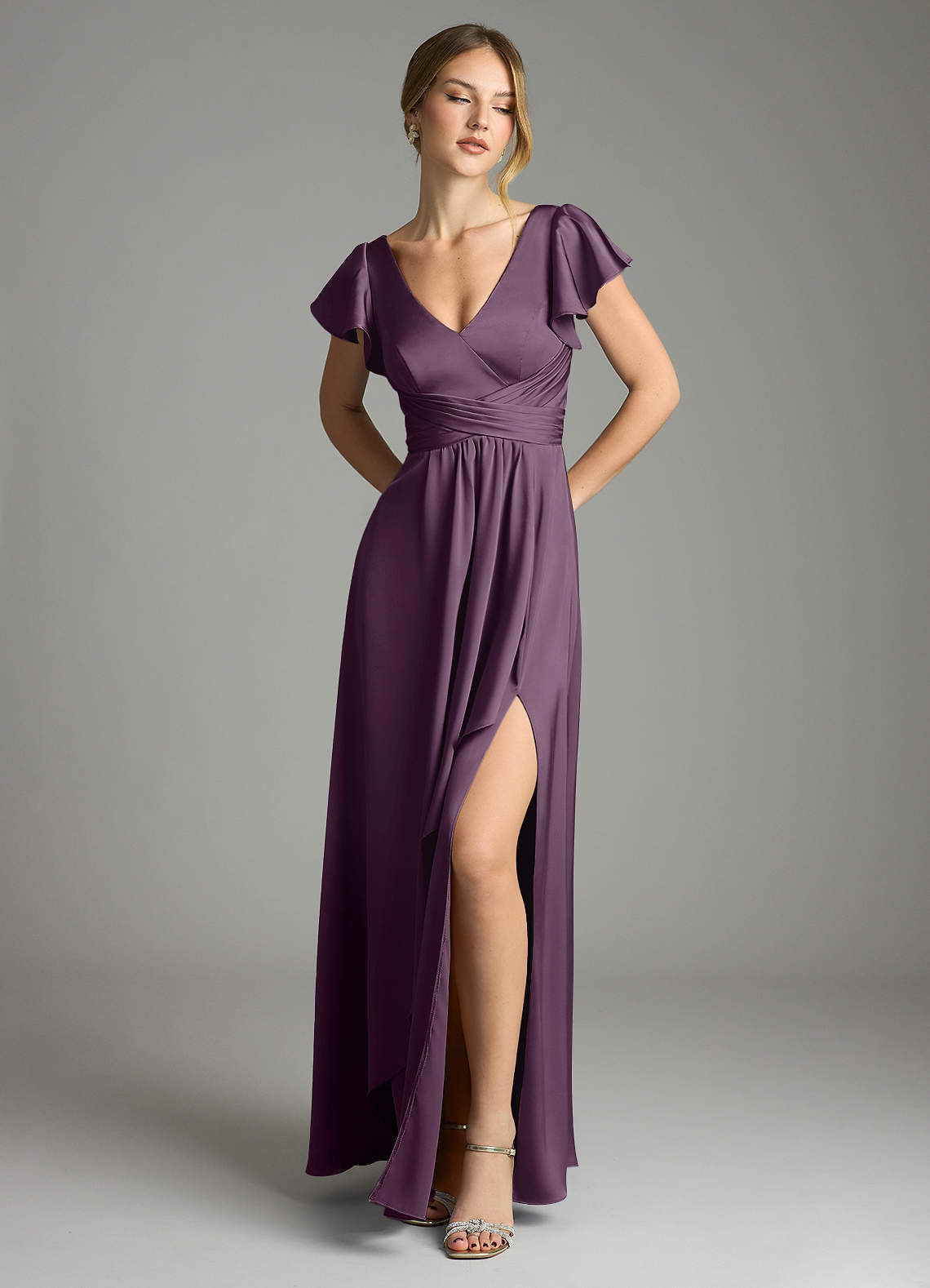 Azazie Omari Bridesmaid Dresses Plum A-Line Stretch Satin Dress image1