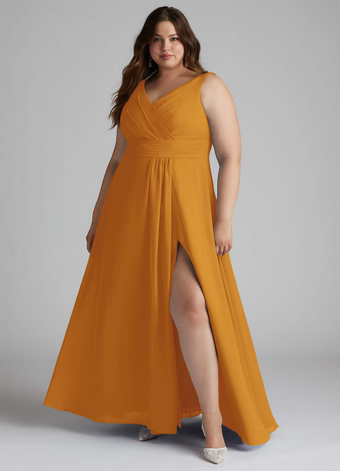 Azazie Karina Bridesmaid Dresses Butterscotch A-Line Pleated Chiffon Dress image1