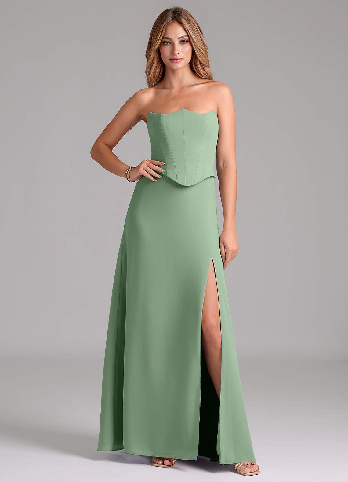 Azazie Jenilyn Bridesmaid Dresses Matcha A-Line Strapless Chiffon Dress image1