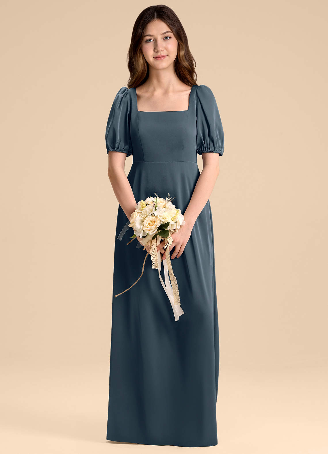 Azazie Briar Junior Vestido de Crepúsculo de Satén Elástico de Corte en A con Lazo image1