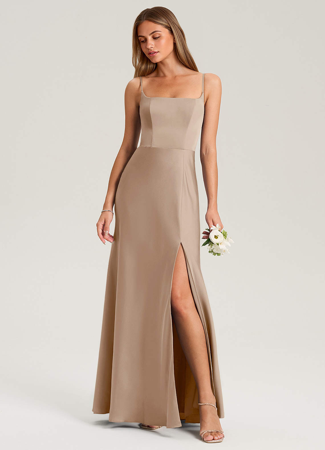 Azazie Lidia Bridesmaid Dresses Taupe Mermaid Side Slit Stretch Satin Dress image1