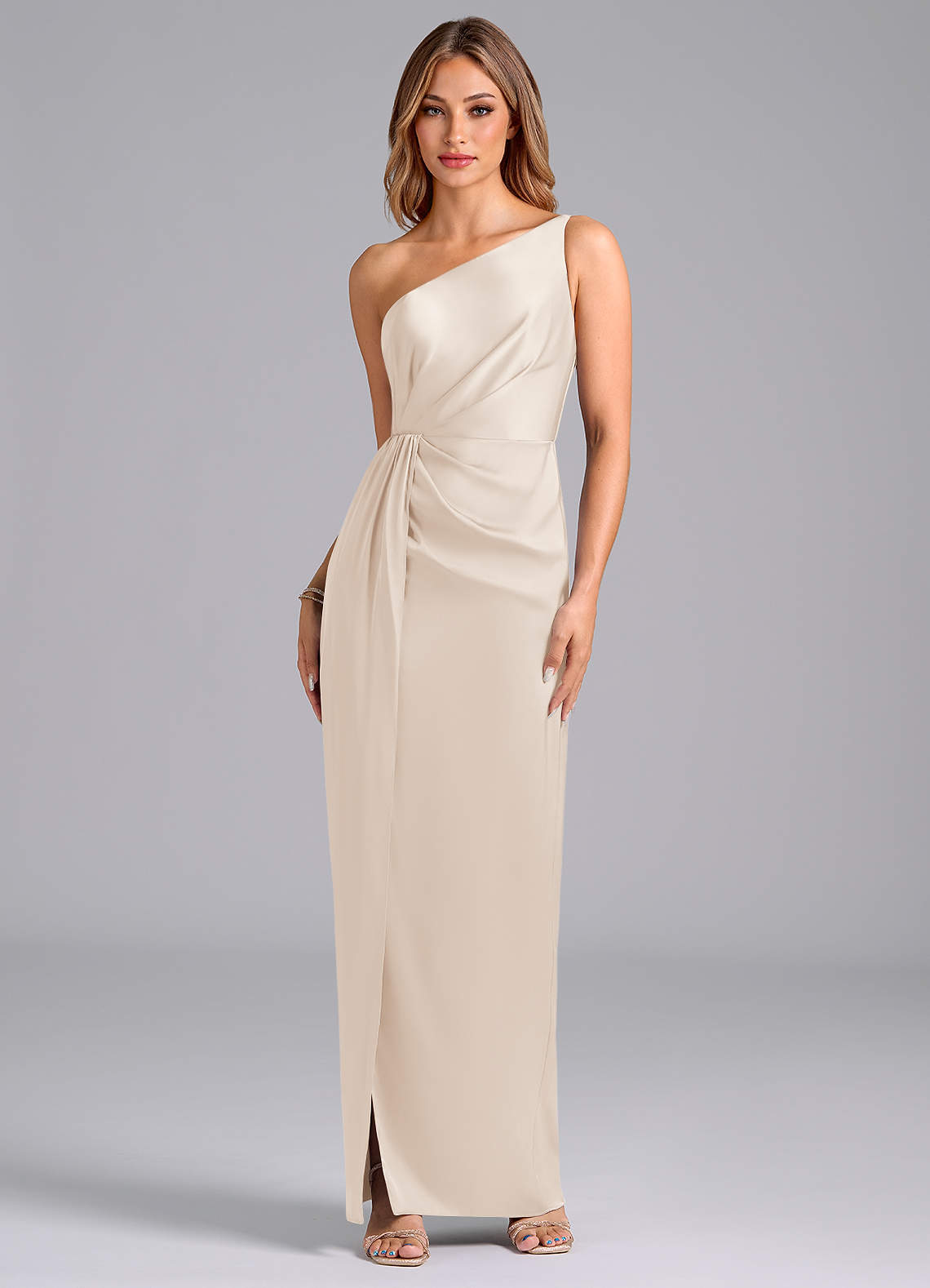 Azazie Naria Jurken voor bruidsmeisjes Jurk van Stretch Satijn met Kolom One-Shoulder Wit Albast image1