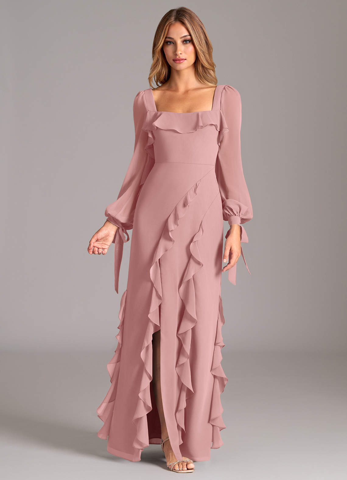 Azazie Candice 신부 들러리 드레스 A라인 긴팔 쉬폰 바닥 길이 드레스 image1