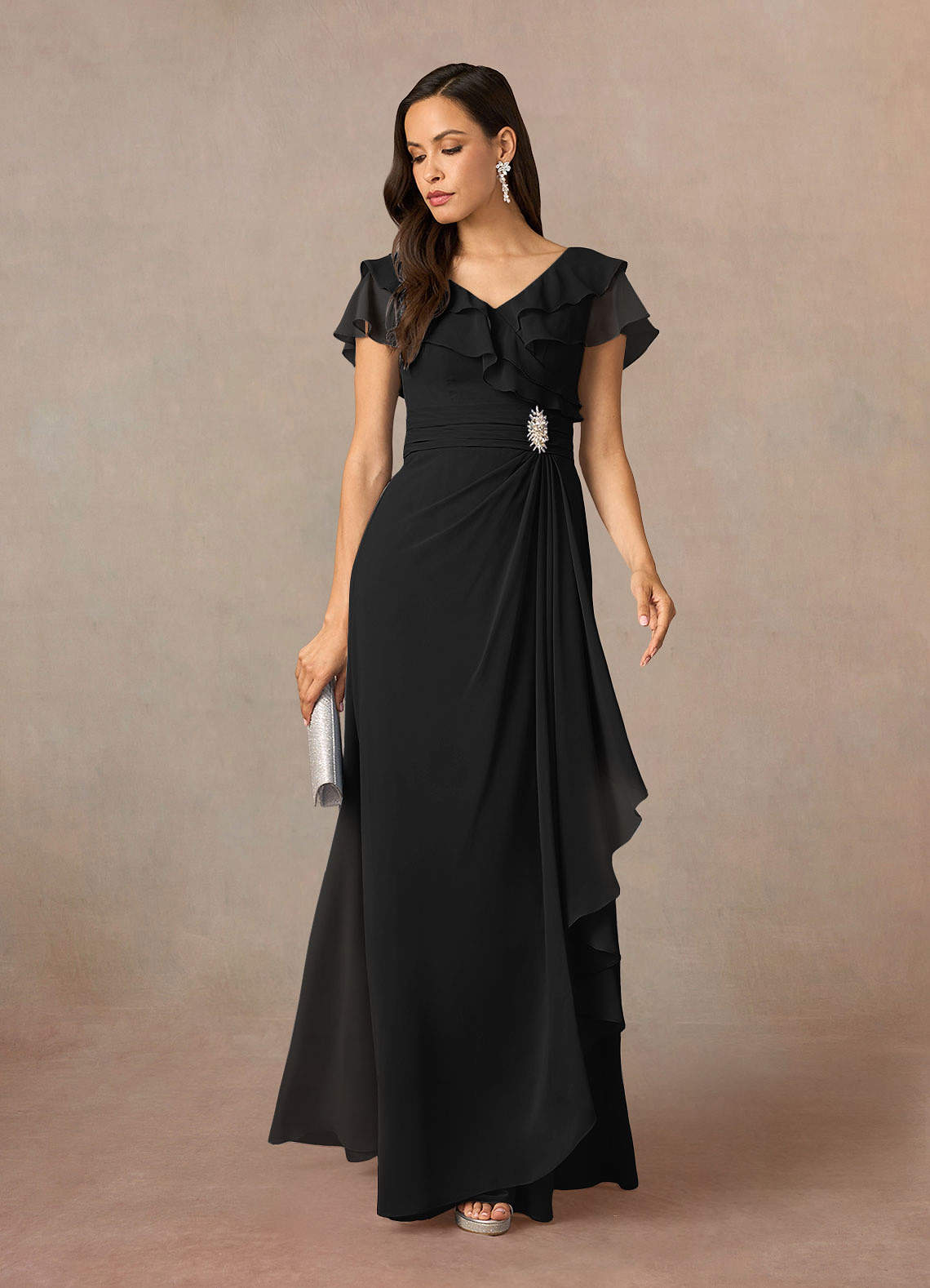 Azazie Snapdragon Mother of the Bride Dresses Black A-Line V-Neck Ruched Chiffon Dress image1