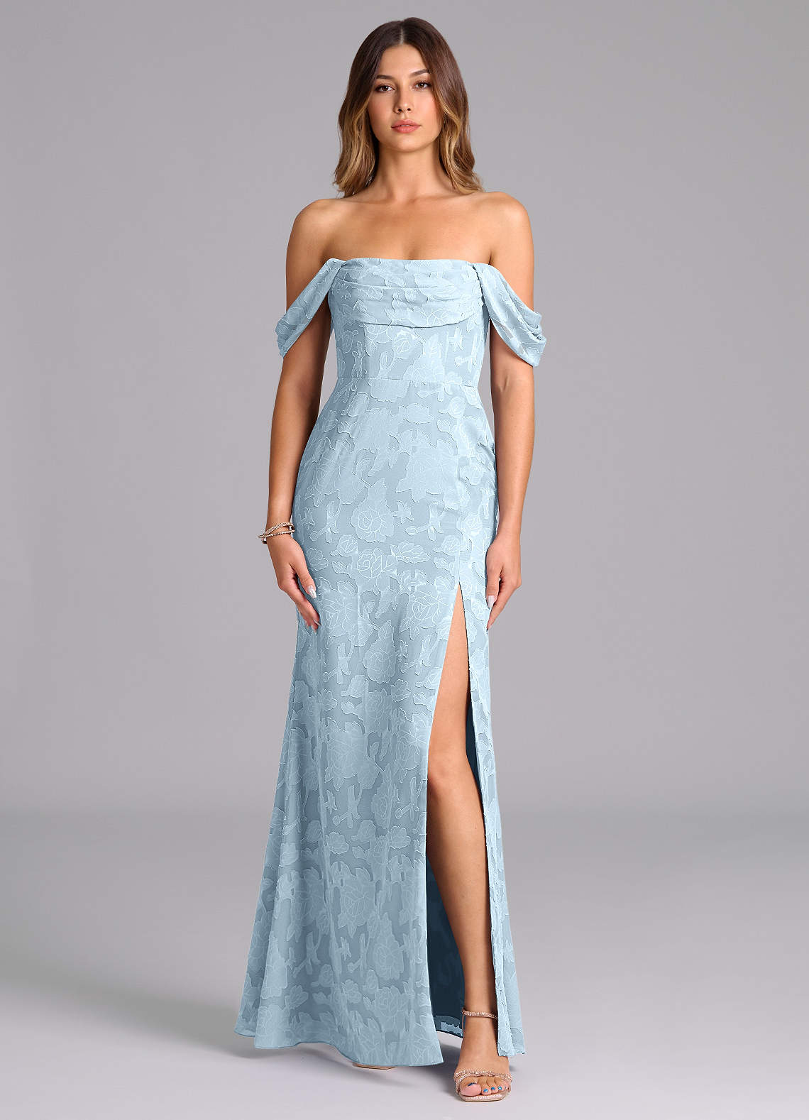 Azazie A-Line Off The Shoulder Floor-Length Floral Burnout Bridesmaid Dresses