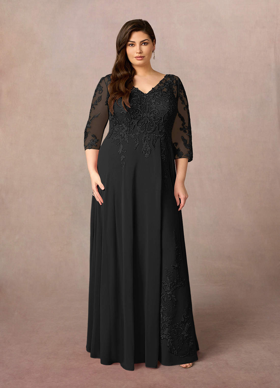 Azazie Noella Mother of the Bride Dresses Black A-Line V-Neck Lace Chiffon Dress image1