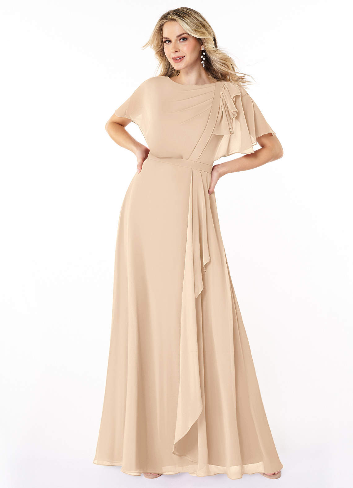 Azazie Aaliyah Modest Bridesmaid Dresses A-Line Scoop Pleated Chiffon Floor-Length Dress image1