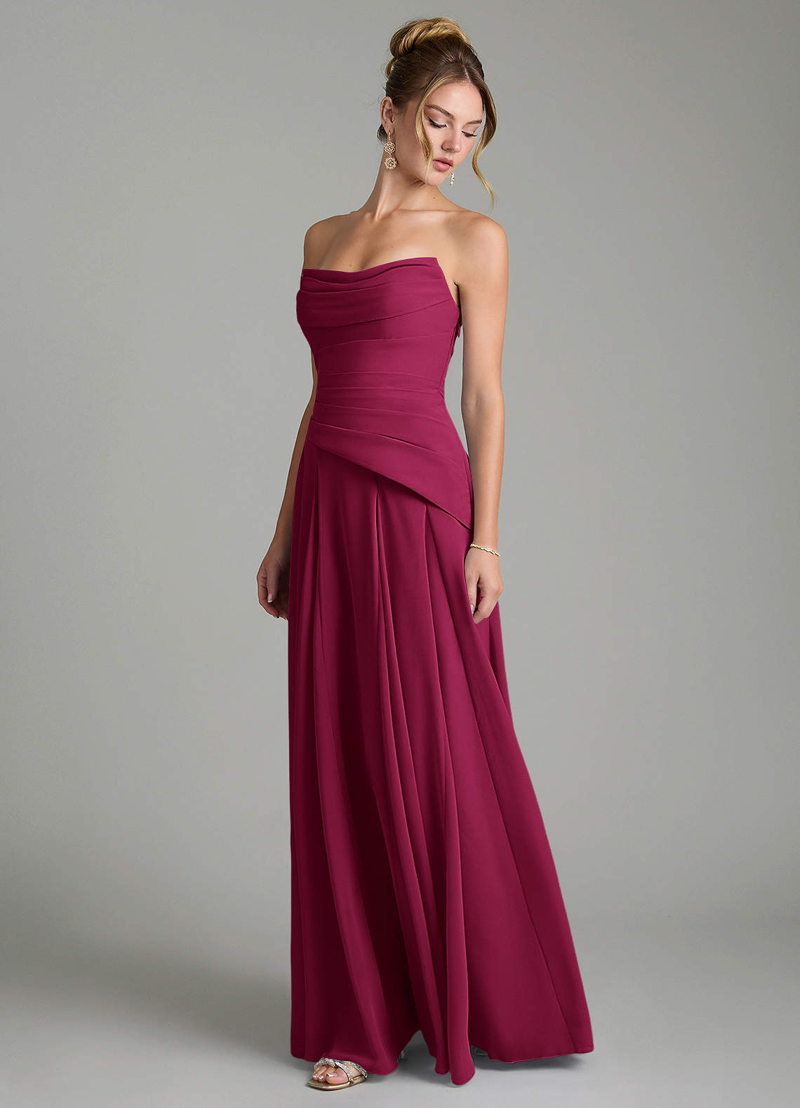 Azazie Gabriela At-home Try On Dresses Burgundy A-Line Corset Chiffon Dress image5