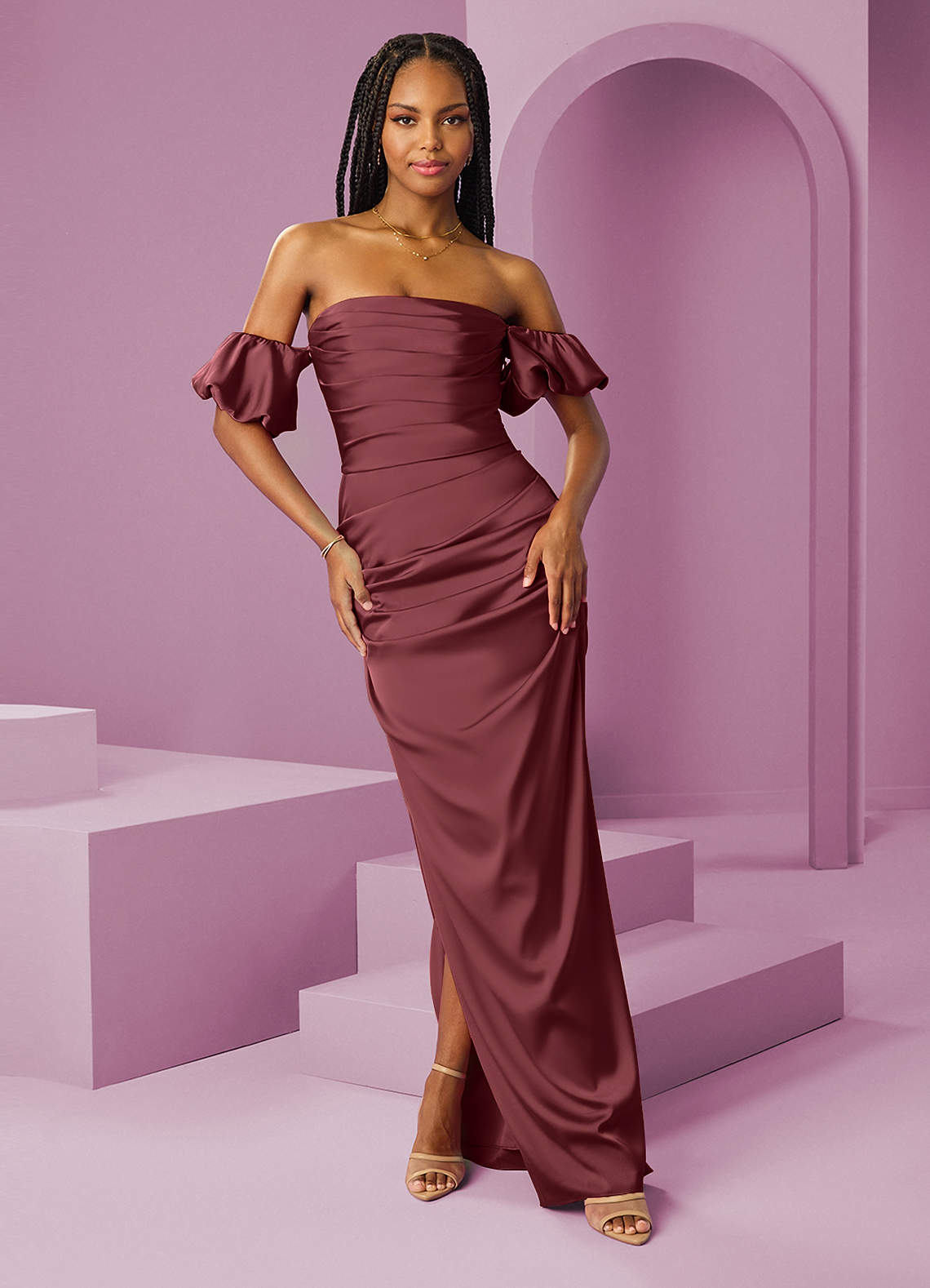 Barbie ♥ Azazie Bridesmaid Dresses Merlot Sheath Off the Shoulder Stretch Satin Convertible Dress image1