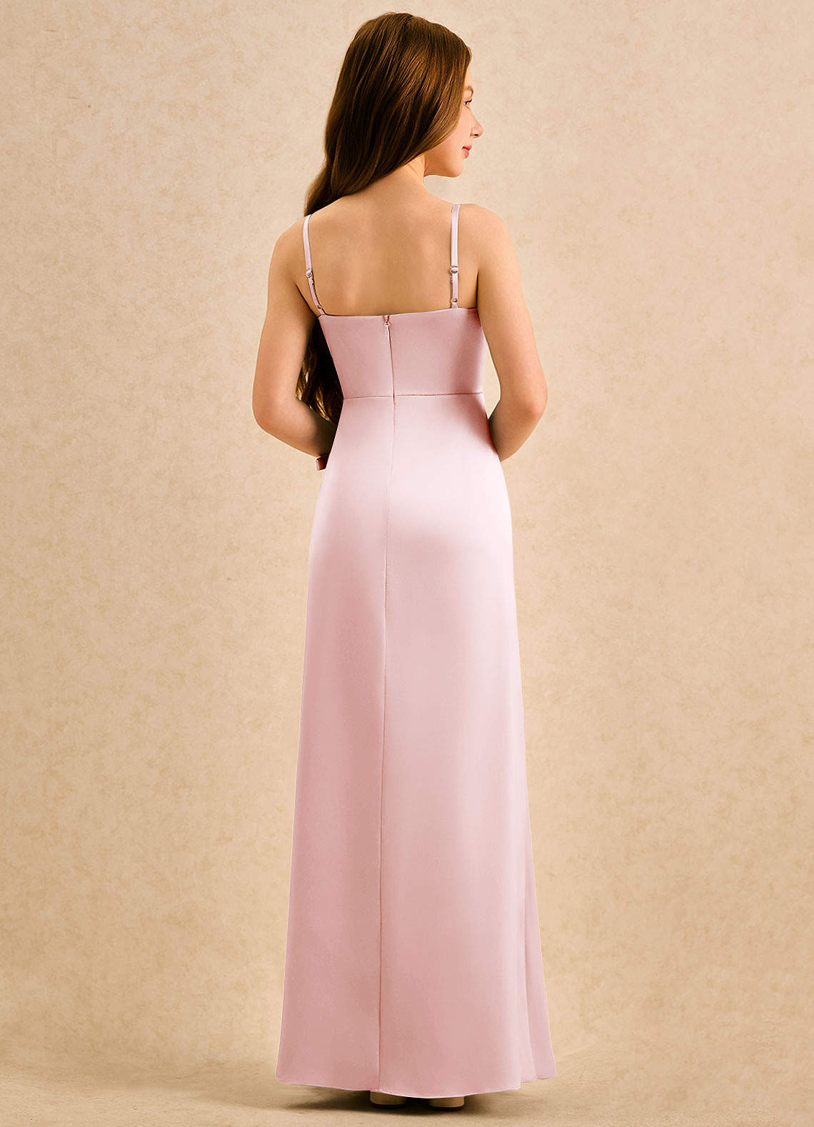 Azazie Bundt Girls Formal Final Sale Blushing Pink A-Line Pleated Stretch Satin Dress image1