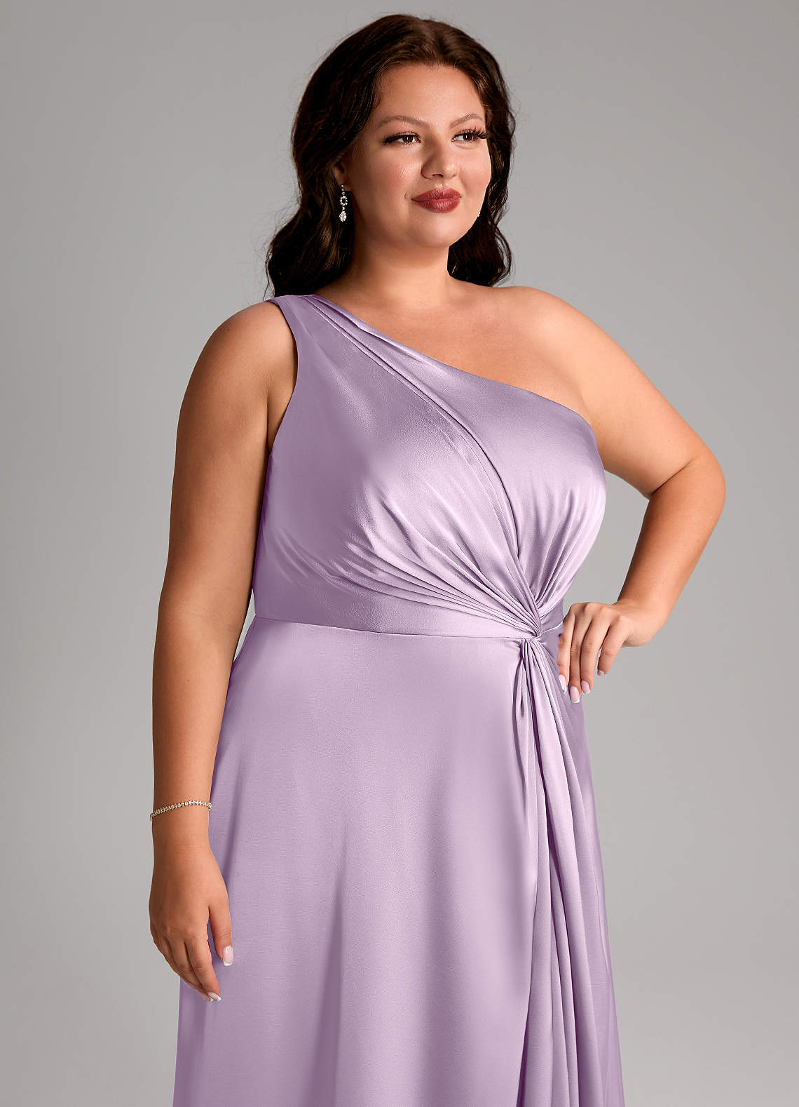 Azazie Brooke Bridesmaid Dresses Frosted Lilac A-Line One Shoulder Stretch Satin Dress image12